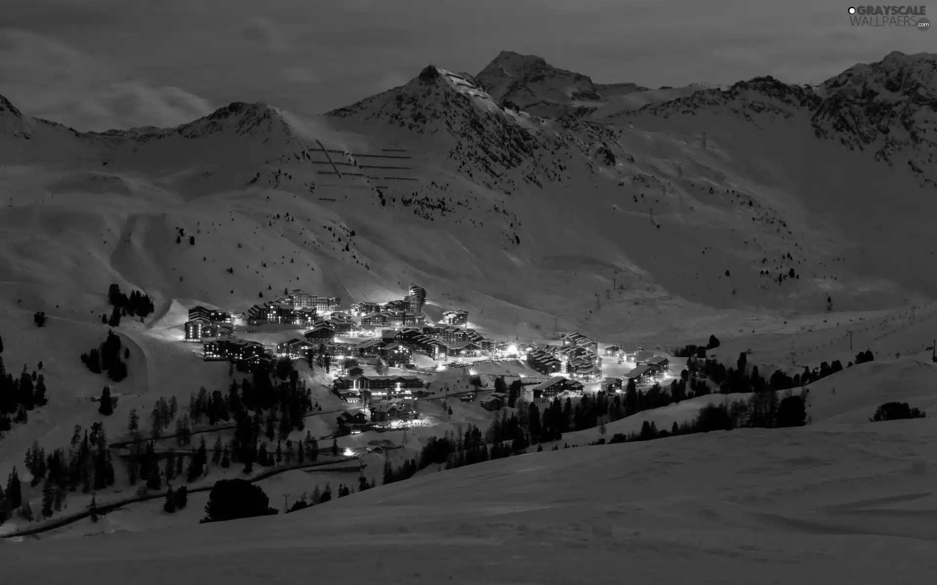 trees, Town, Mountains, Houses, illuminated, viewes, winter