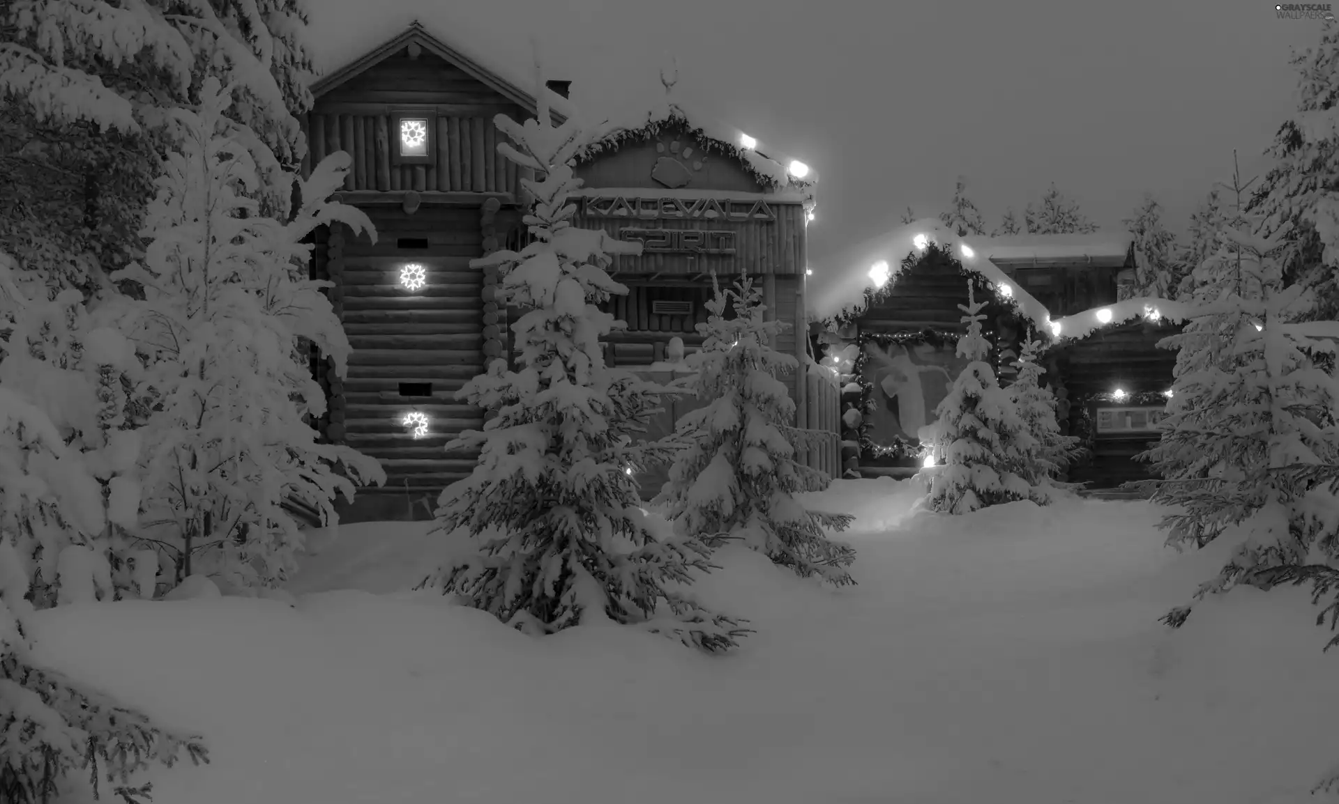 viewes, winter, Houses, trees, illuminated