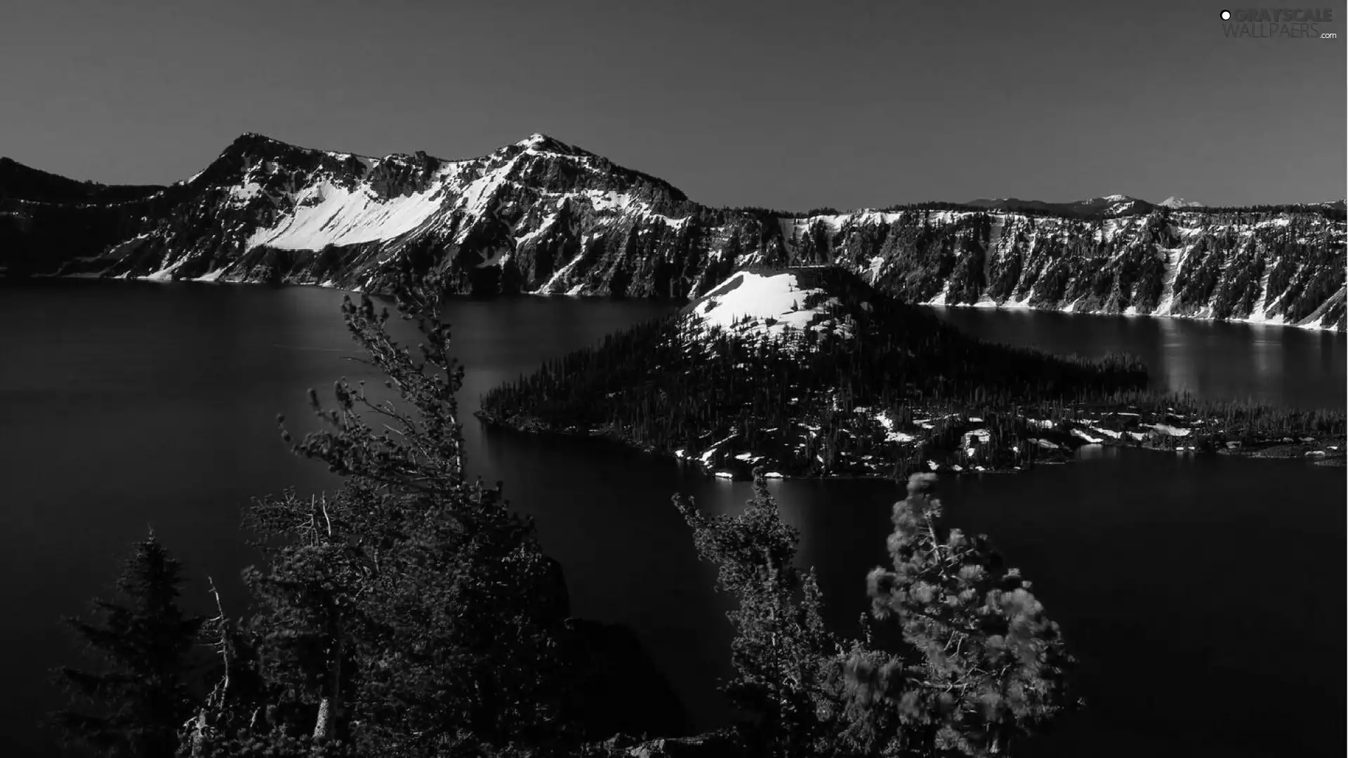 viewes, winter, Islet, trees, lake