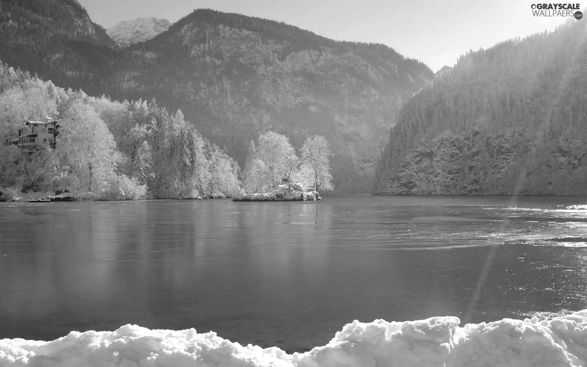 viewes, winter, lake, trees, Mountains