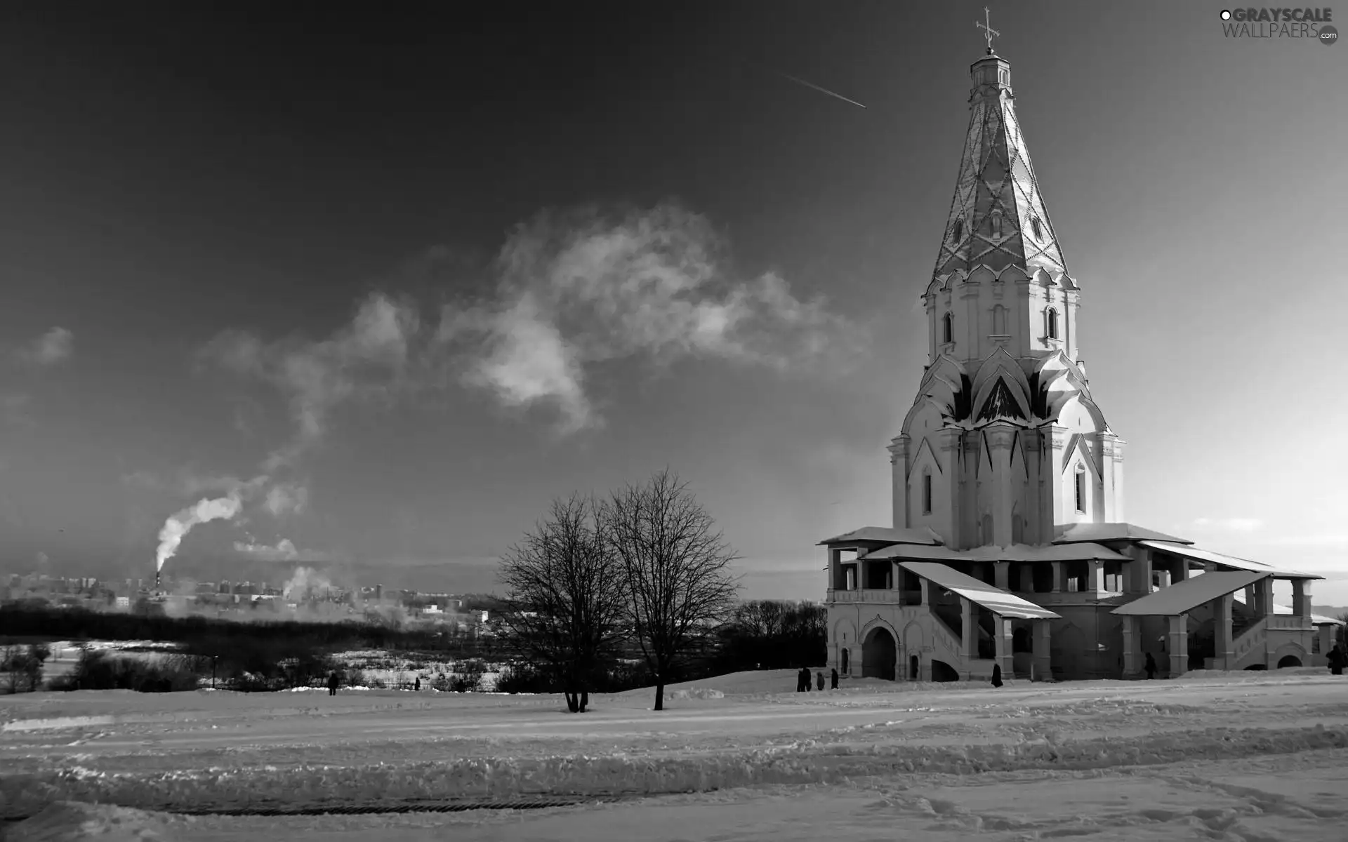 Church, Russia, viewes, winter, trees, Moscow