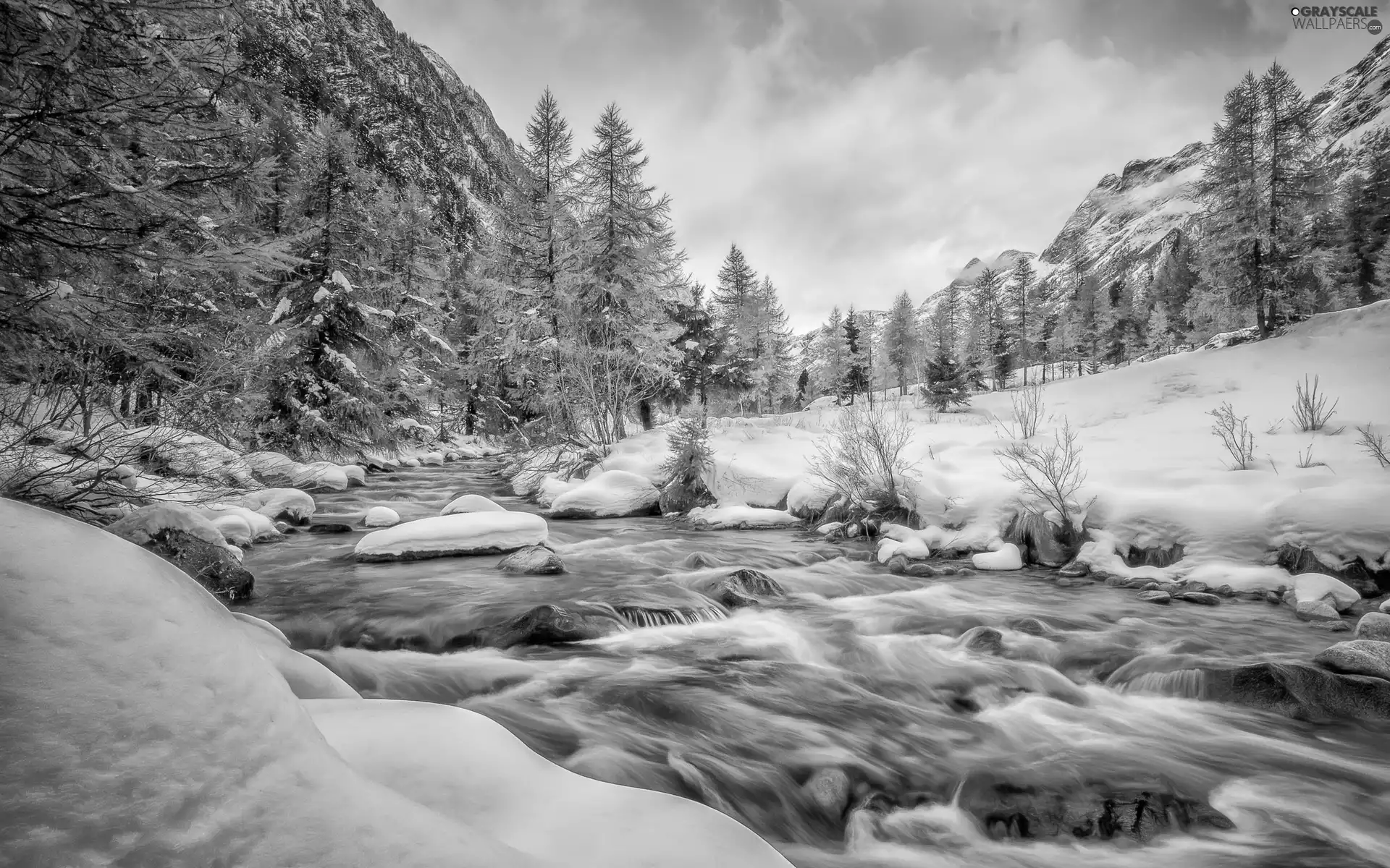 Mountains, stream, viewes, winter, trees, Stones