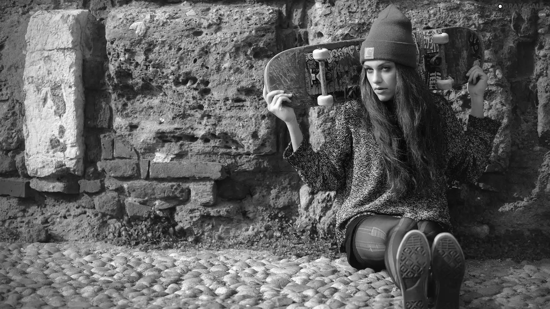 wall, Stones, Women, skate, sitting