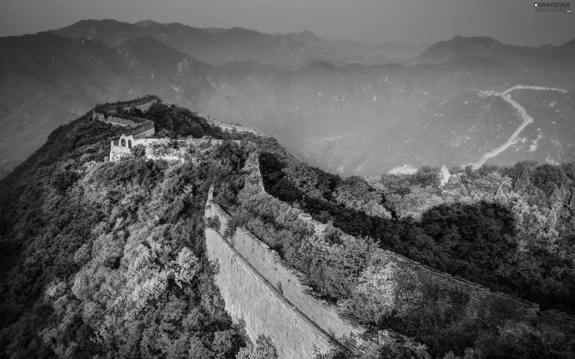 Mountains, China, west, sun, Fog, Great Chinese Wall