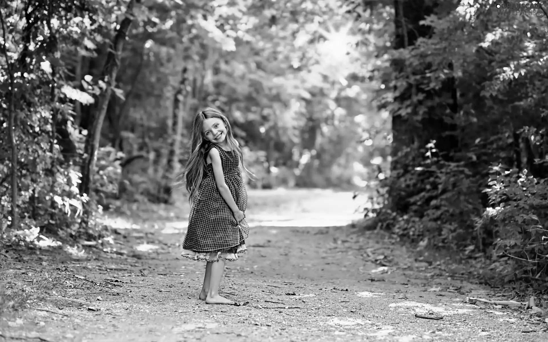 smiling, forest, wander, sun, girl, Path