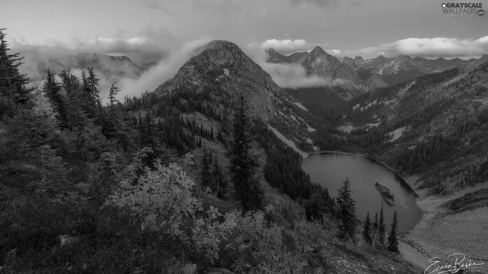 Mountains, North Cascades National Park, lake, trees, Washington State, The United States, color, Bush, viewes