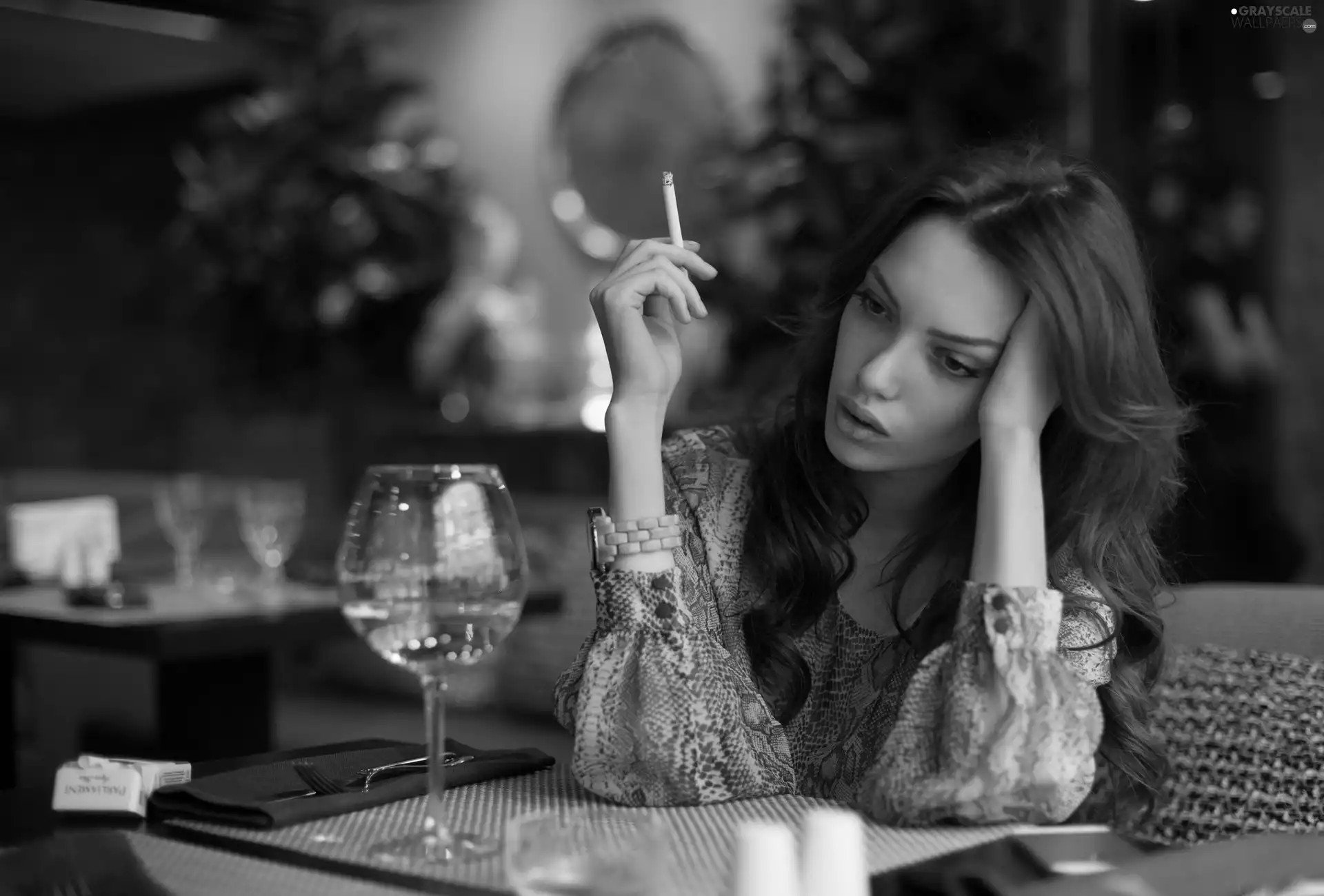 Cigarette, brunette, cafe, Watch, Women, a glass of wine, table