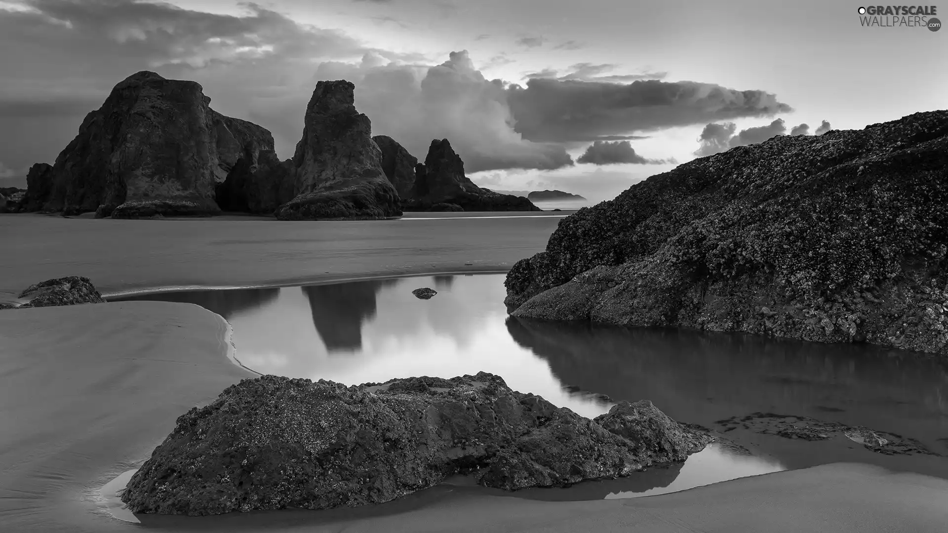 water, rocks, clouds