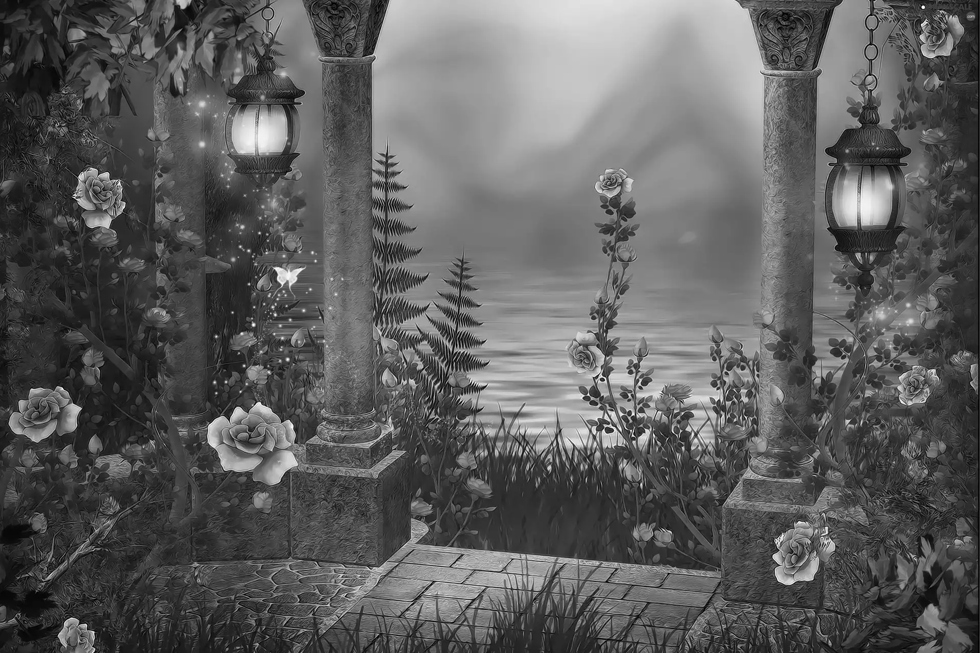 water, Garden, Flowers