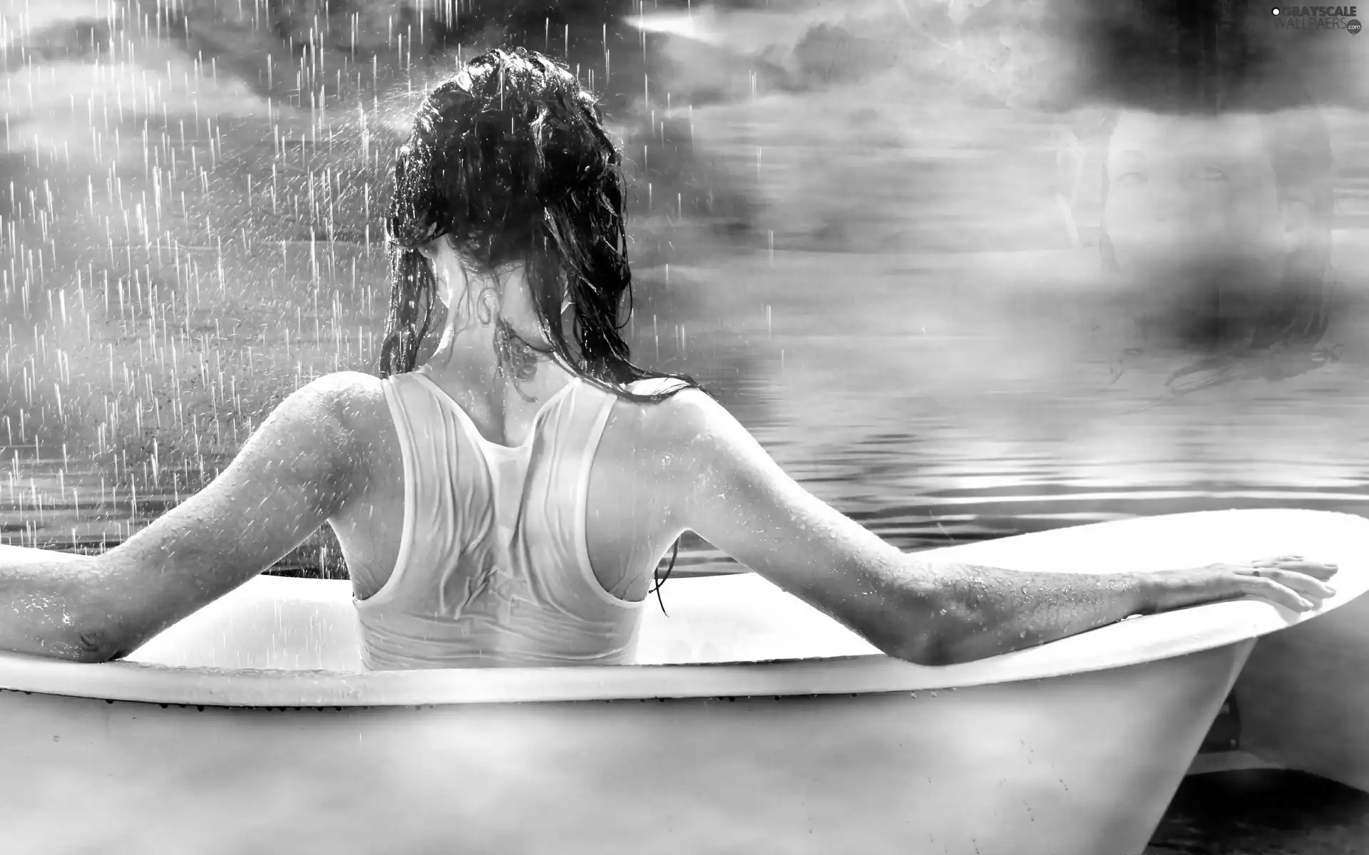 girl, Rain, water, Bath