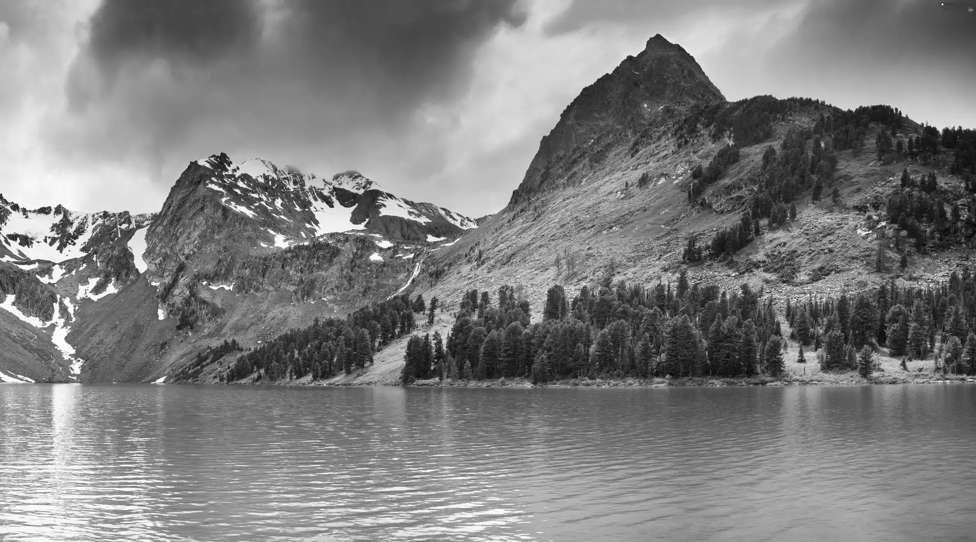 Mountains, blue, water, clouds