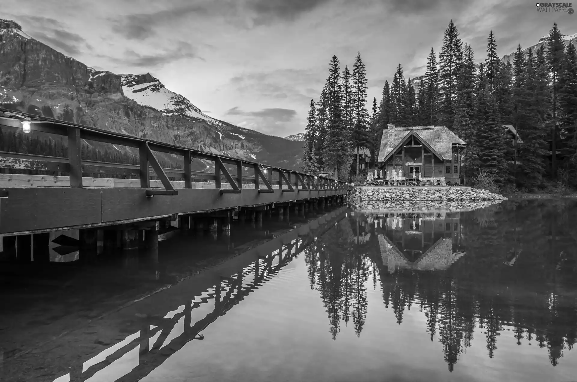 Mountains, bridge, water, Restaurant