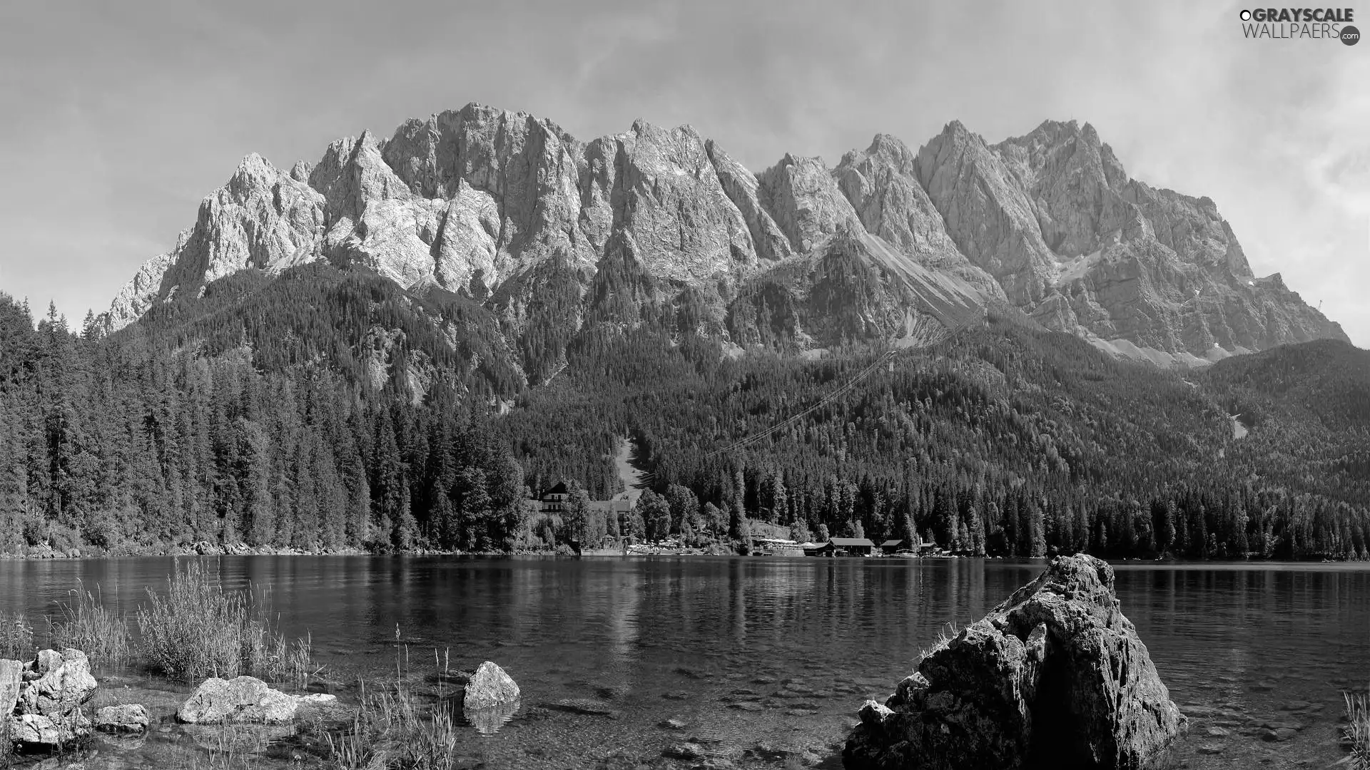 Mountains, buildings, water, forest