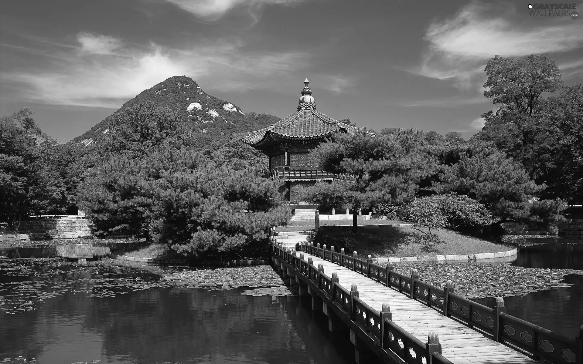 water, mountains, asiatic, bridges, Garden