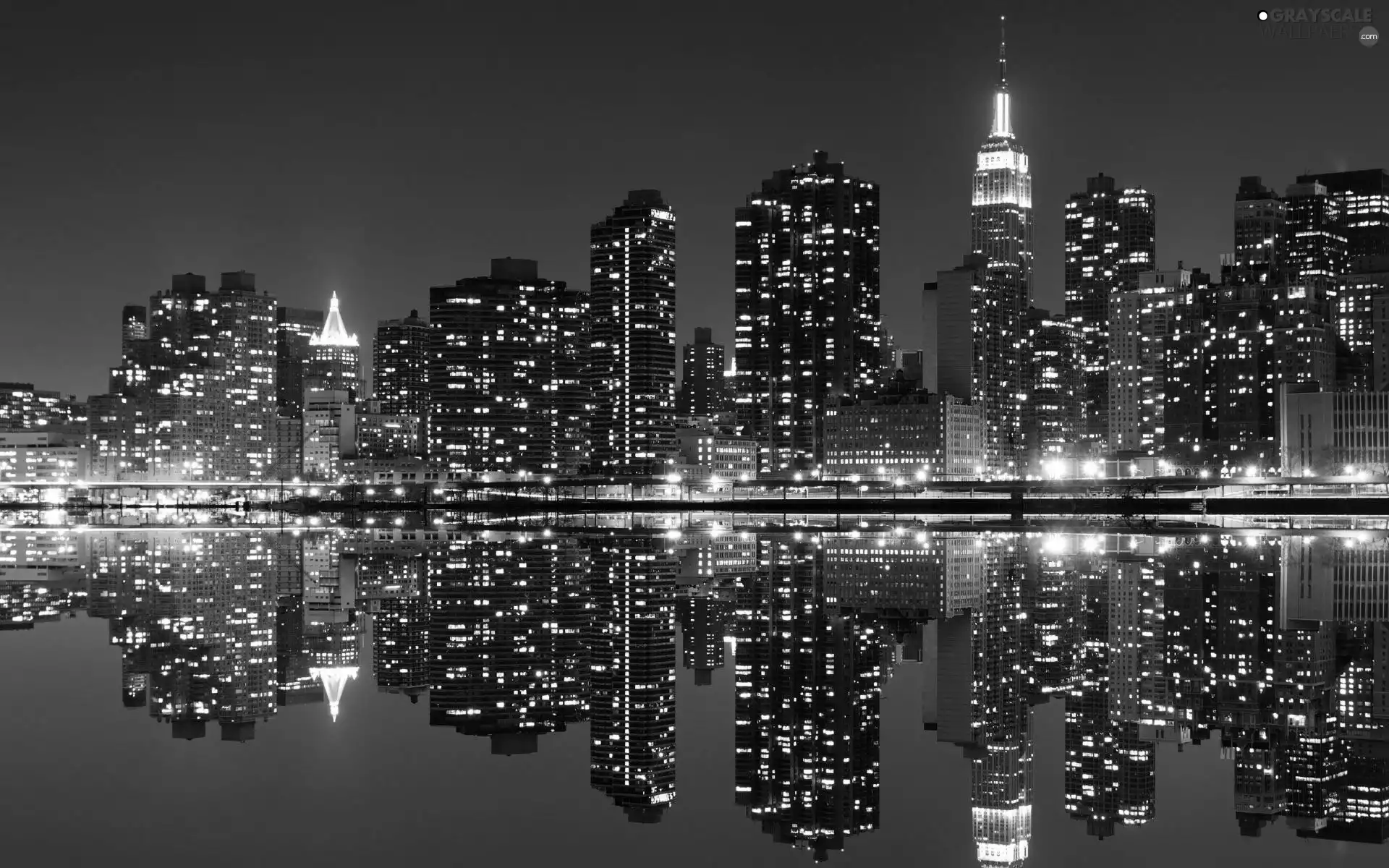 Night, panorama, water, reflection, light, town