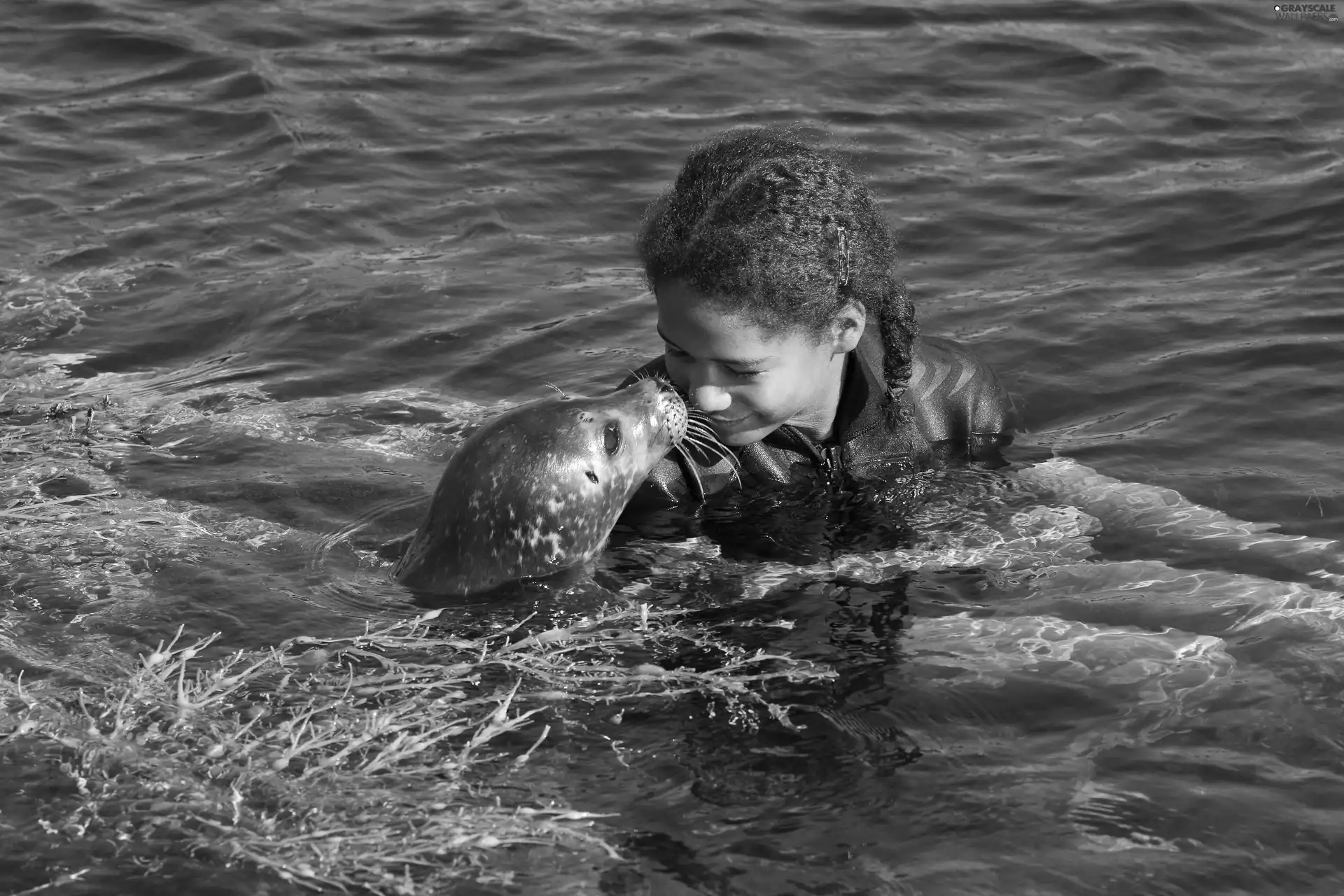 water, girl, seal