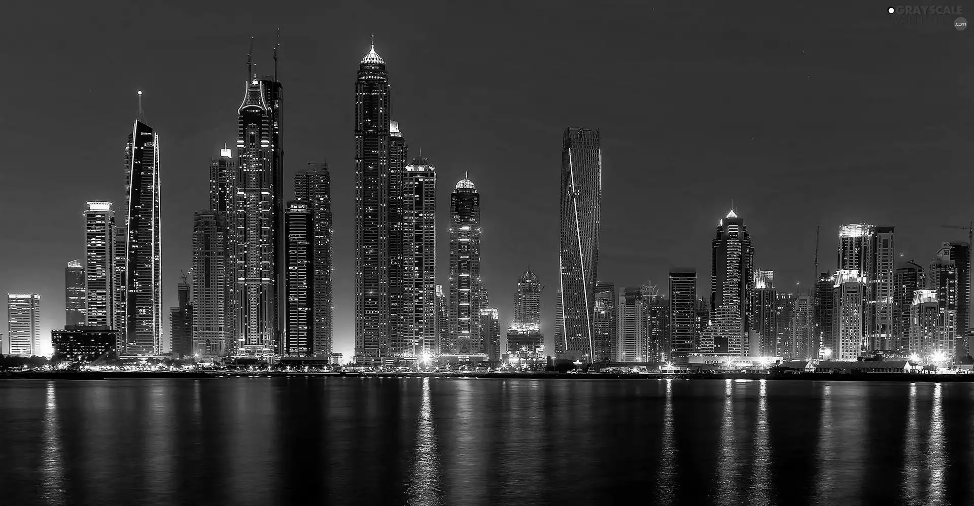 skyscrapers, Night, water, lighting