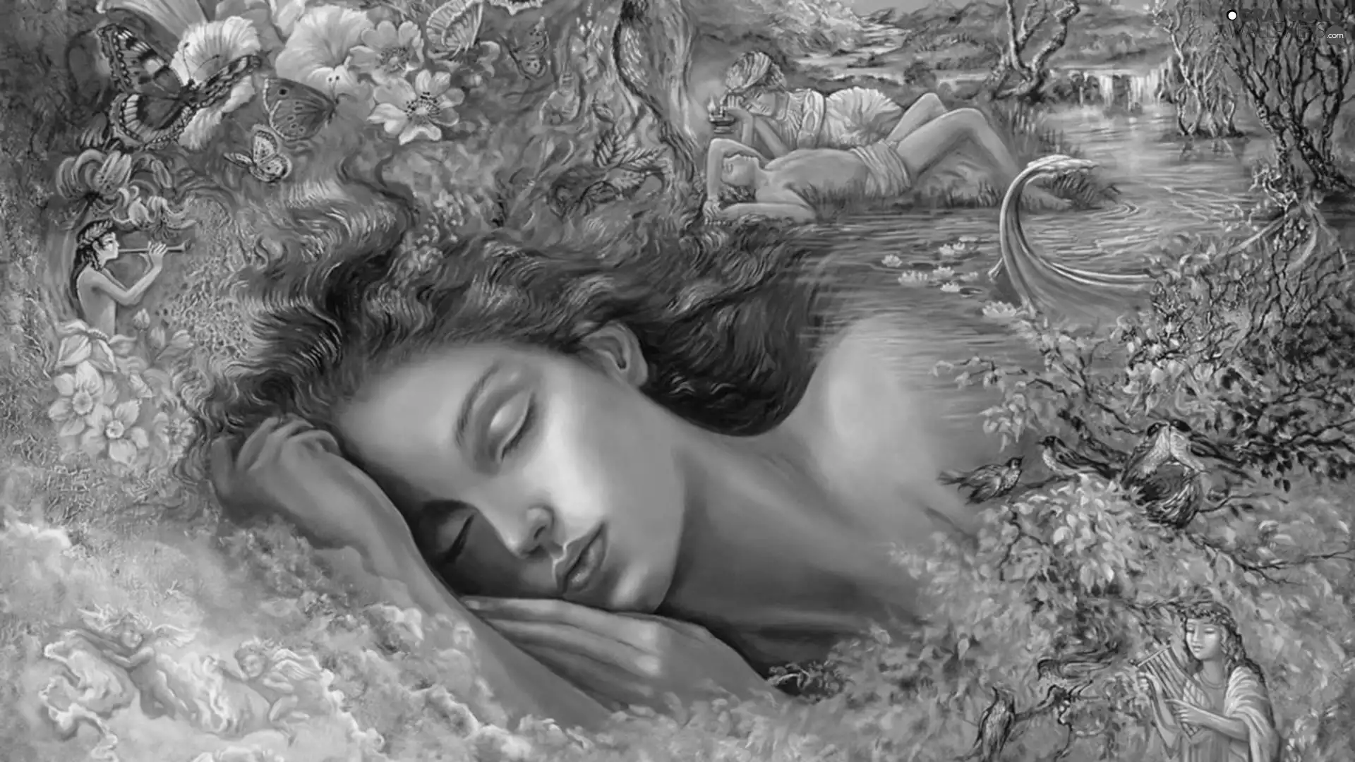 Flowers, girl, viewes, water, the sleeping, trees, Josephine Wall