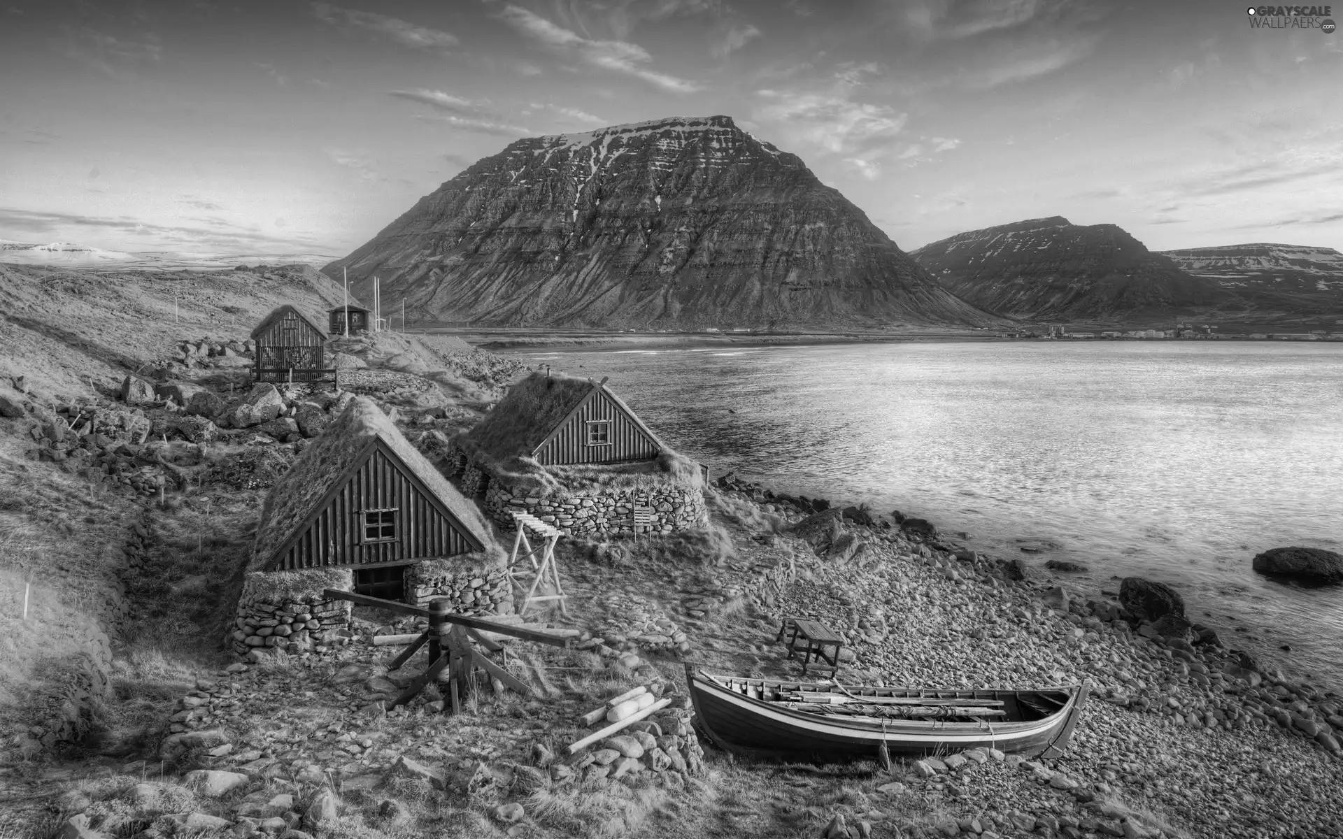 Valley, Houses, water, Boat