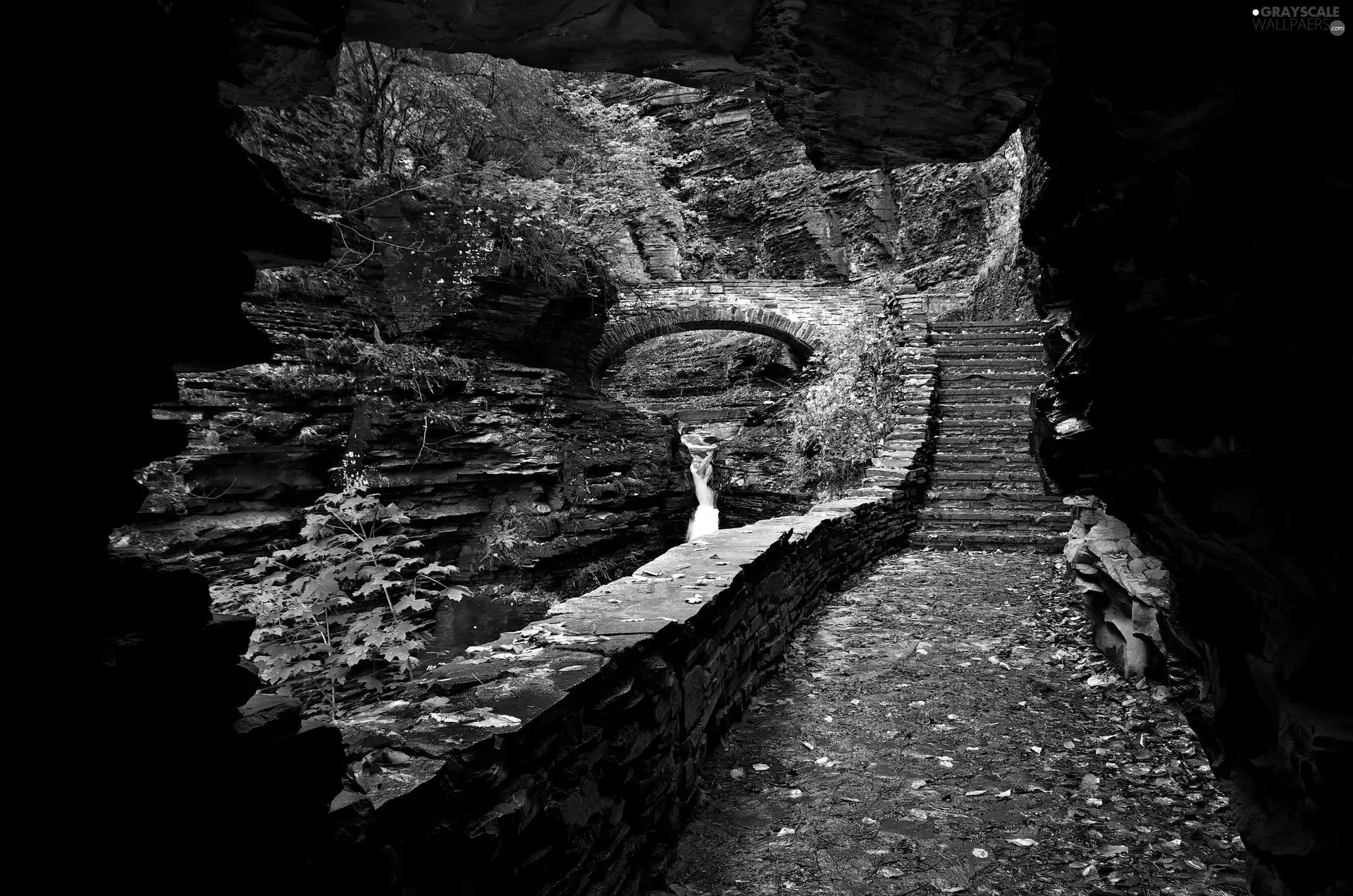 cave, bridge, waterfall, rocks