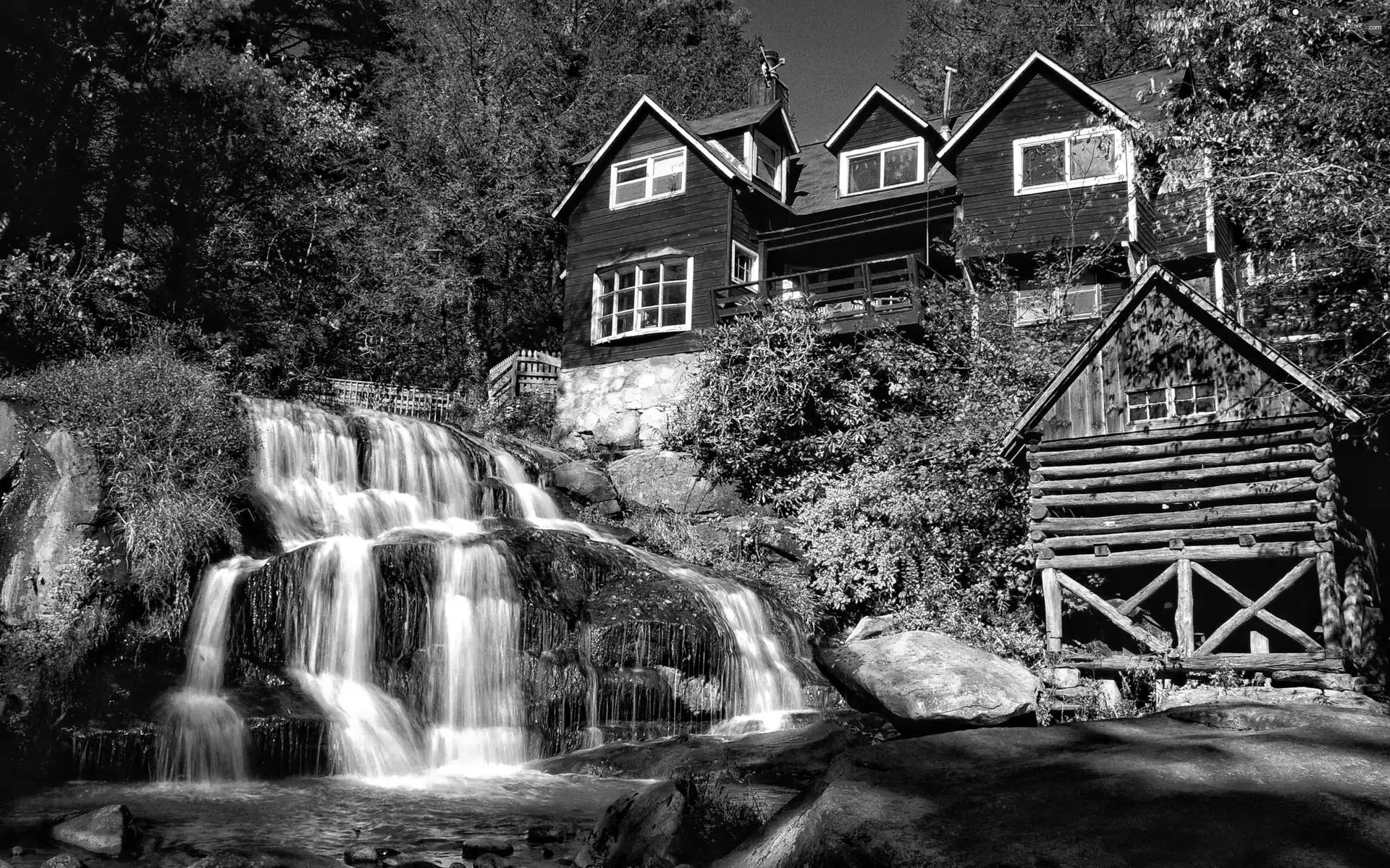 waterfall, Red, house