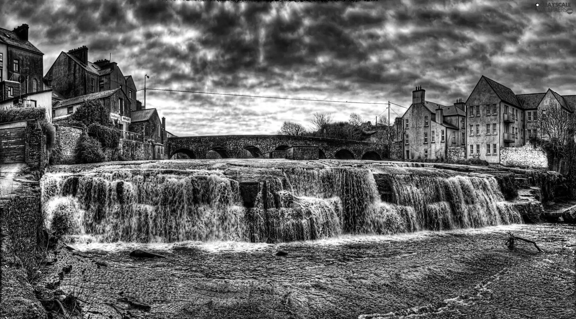 waterfall, clouds, Houses