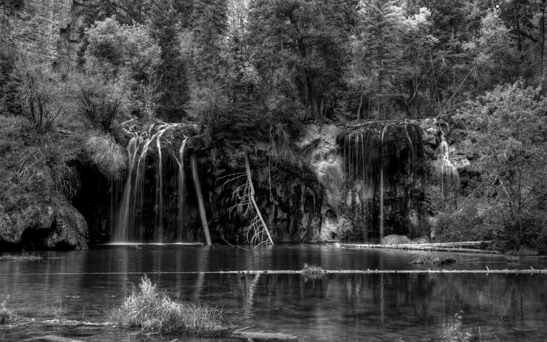 lake, waterfall