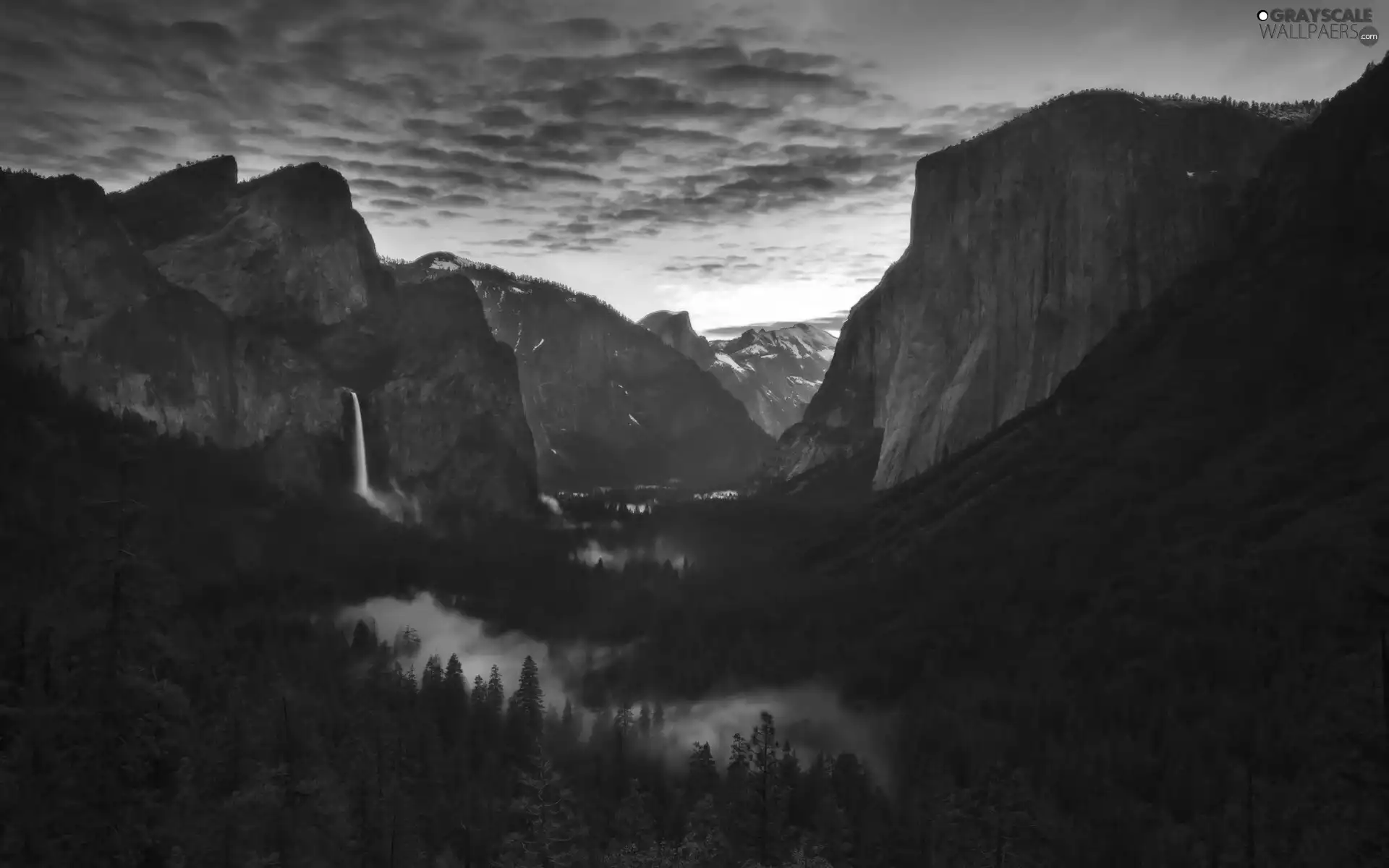 Mountains, forest, waterfall, Valley