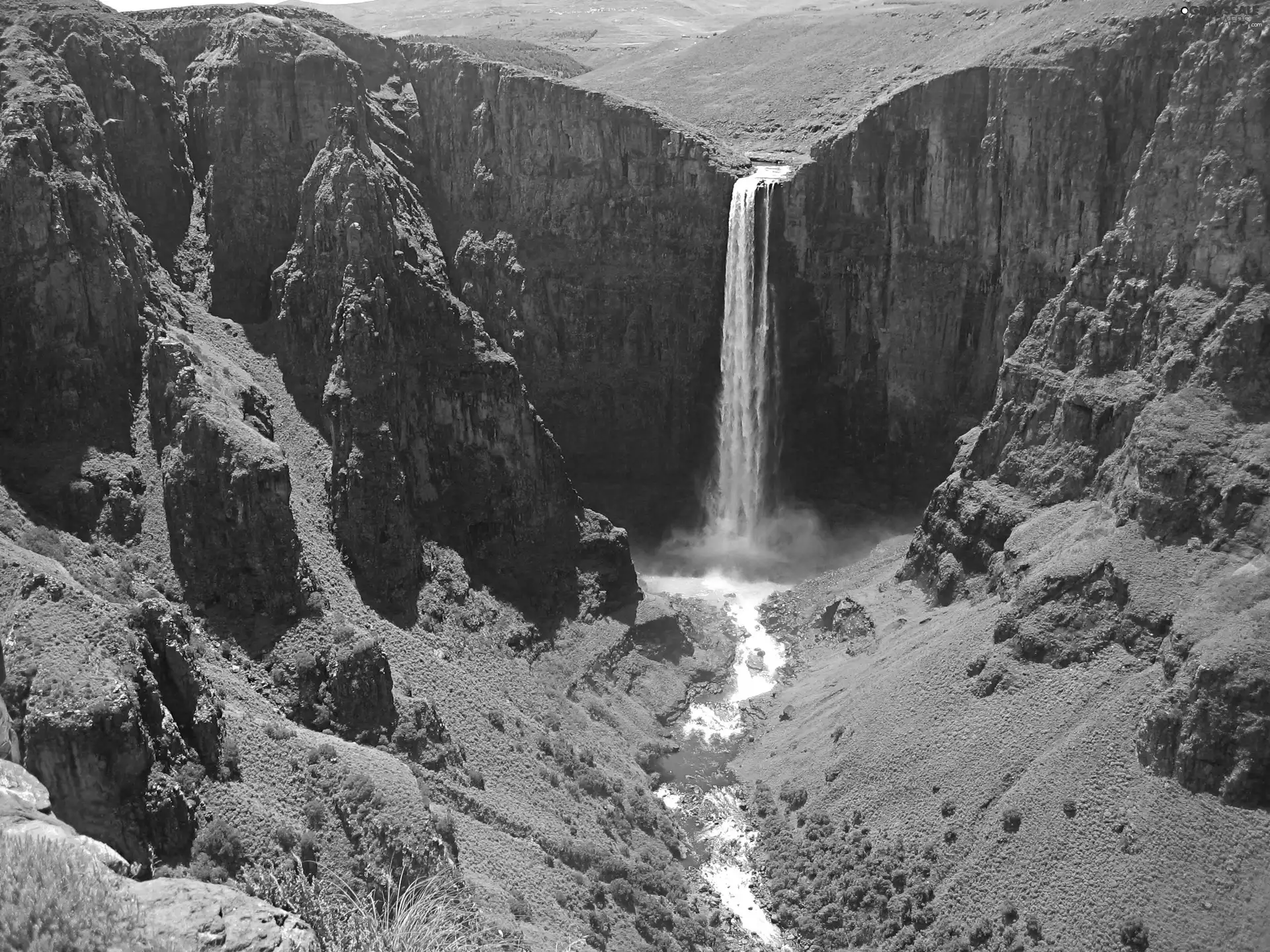 waterfall, Mountains, River