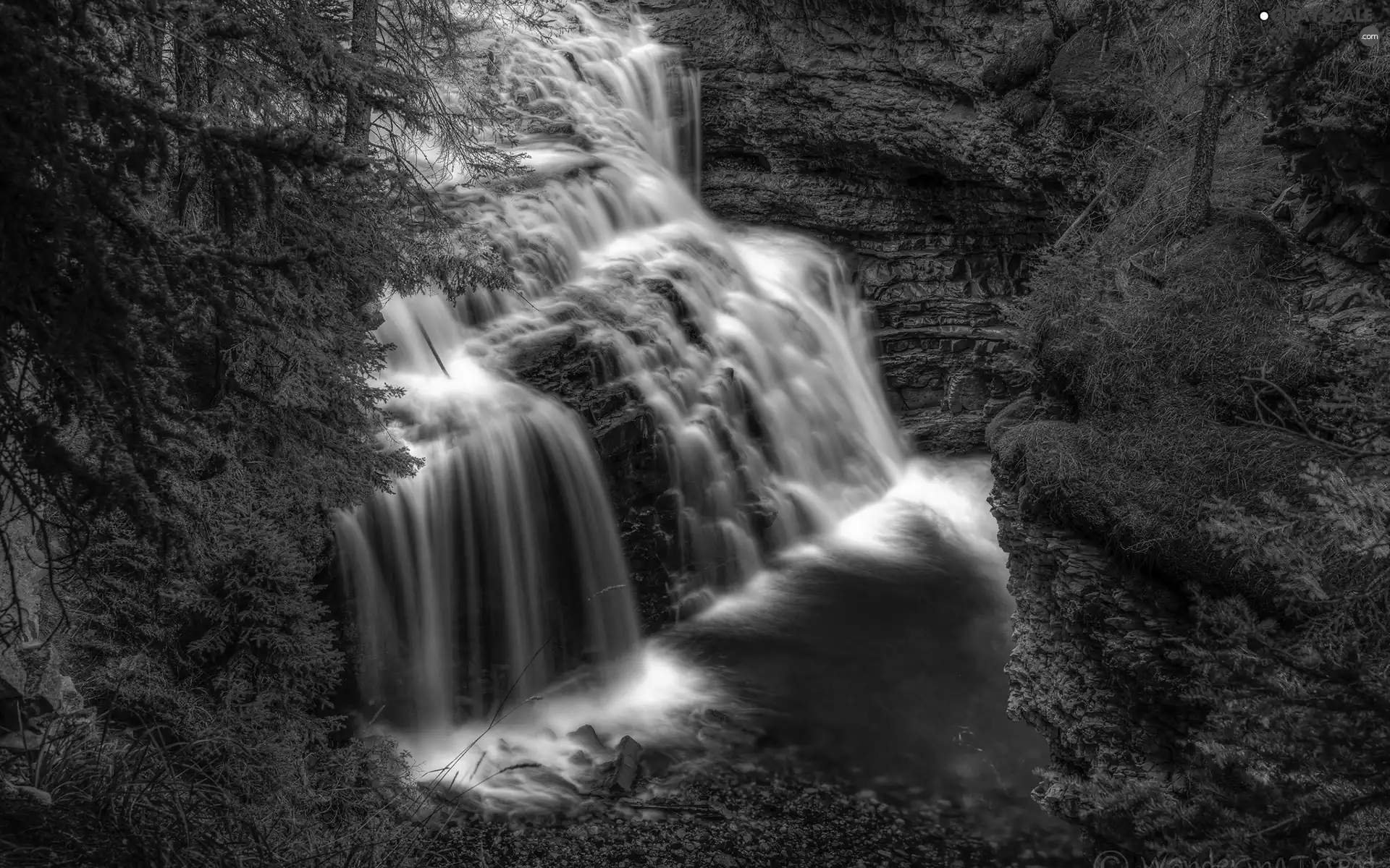 waterfall, rocks, River