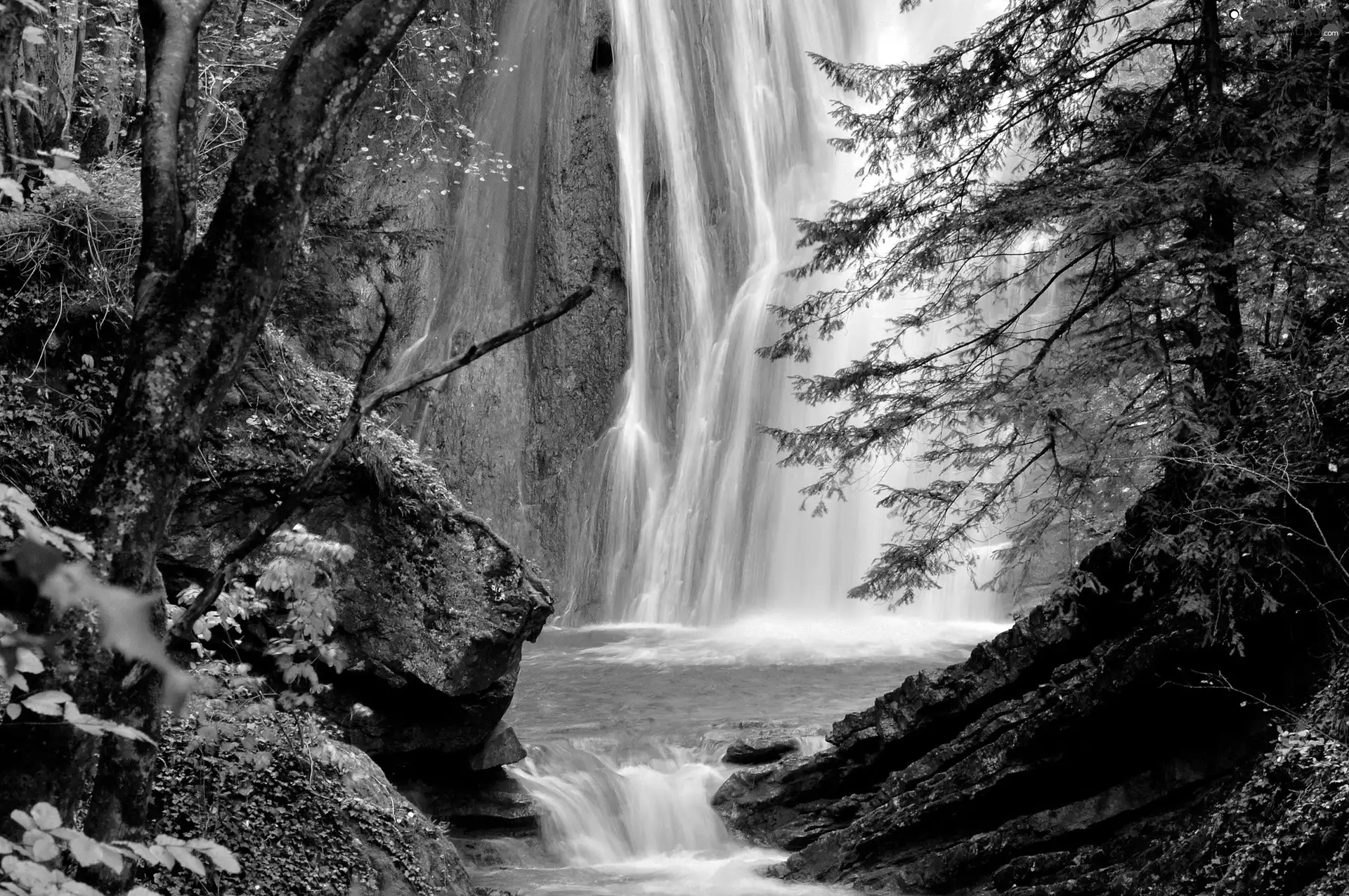 rocks, waterfall