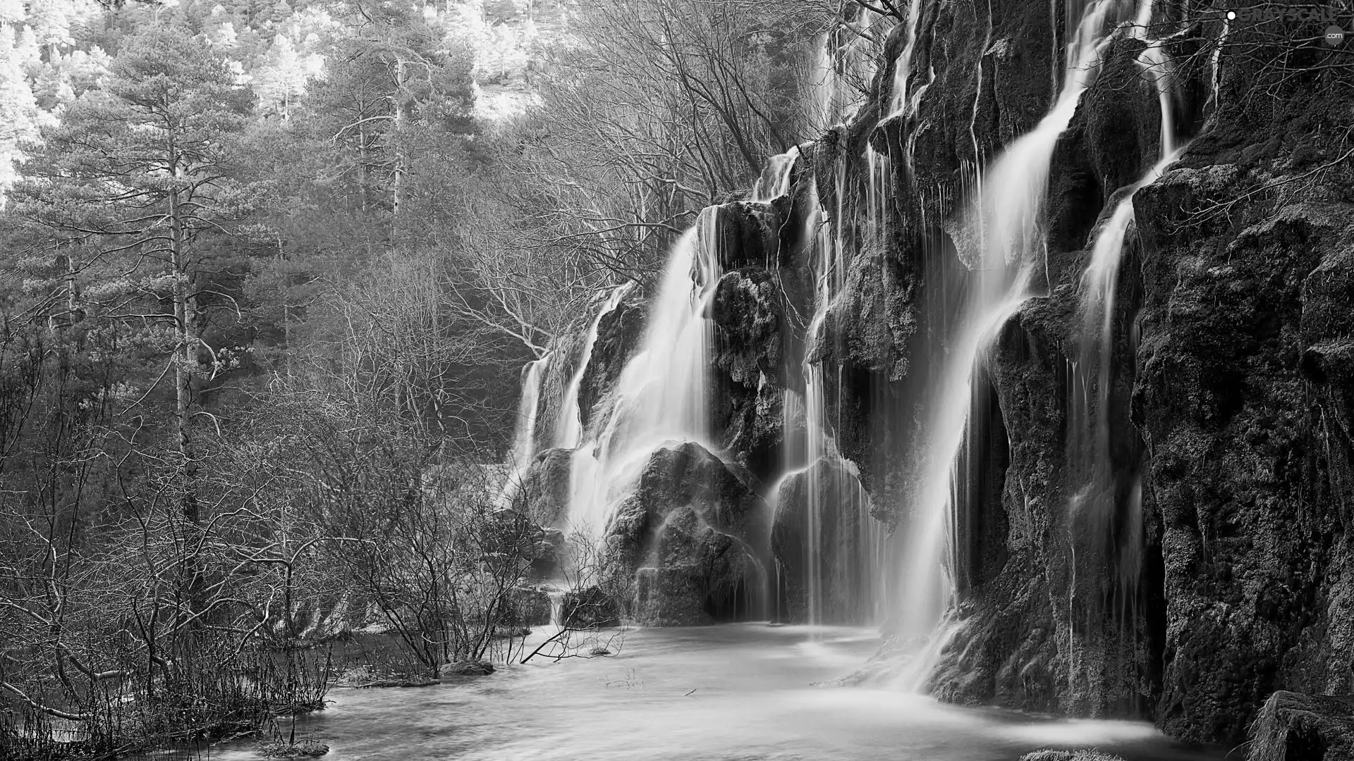 waterfall, forest, rocks