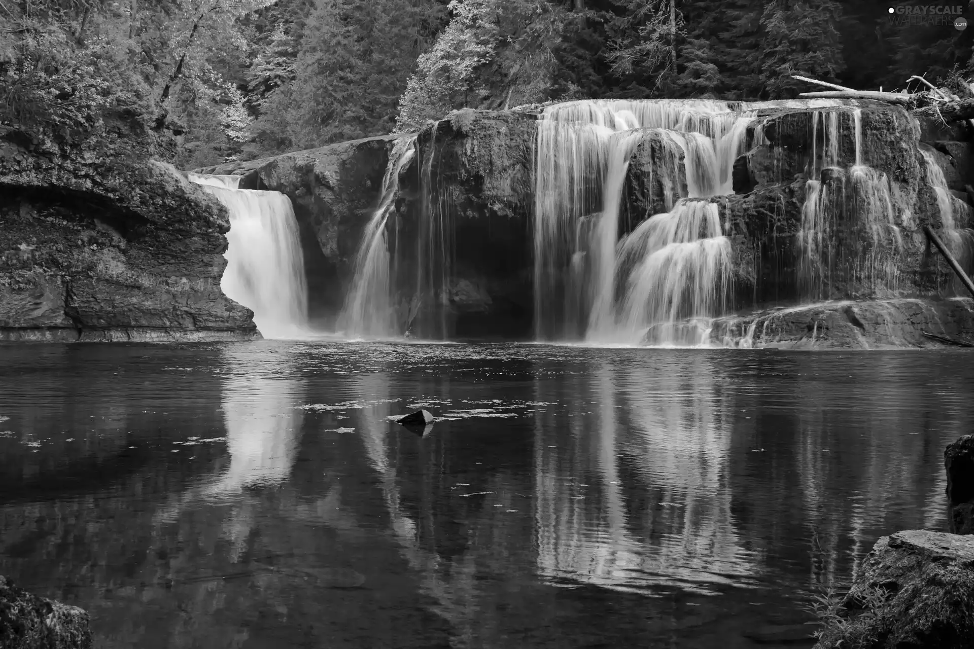 waterfall, forest, rocks