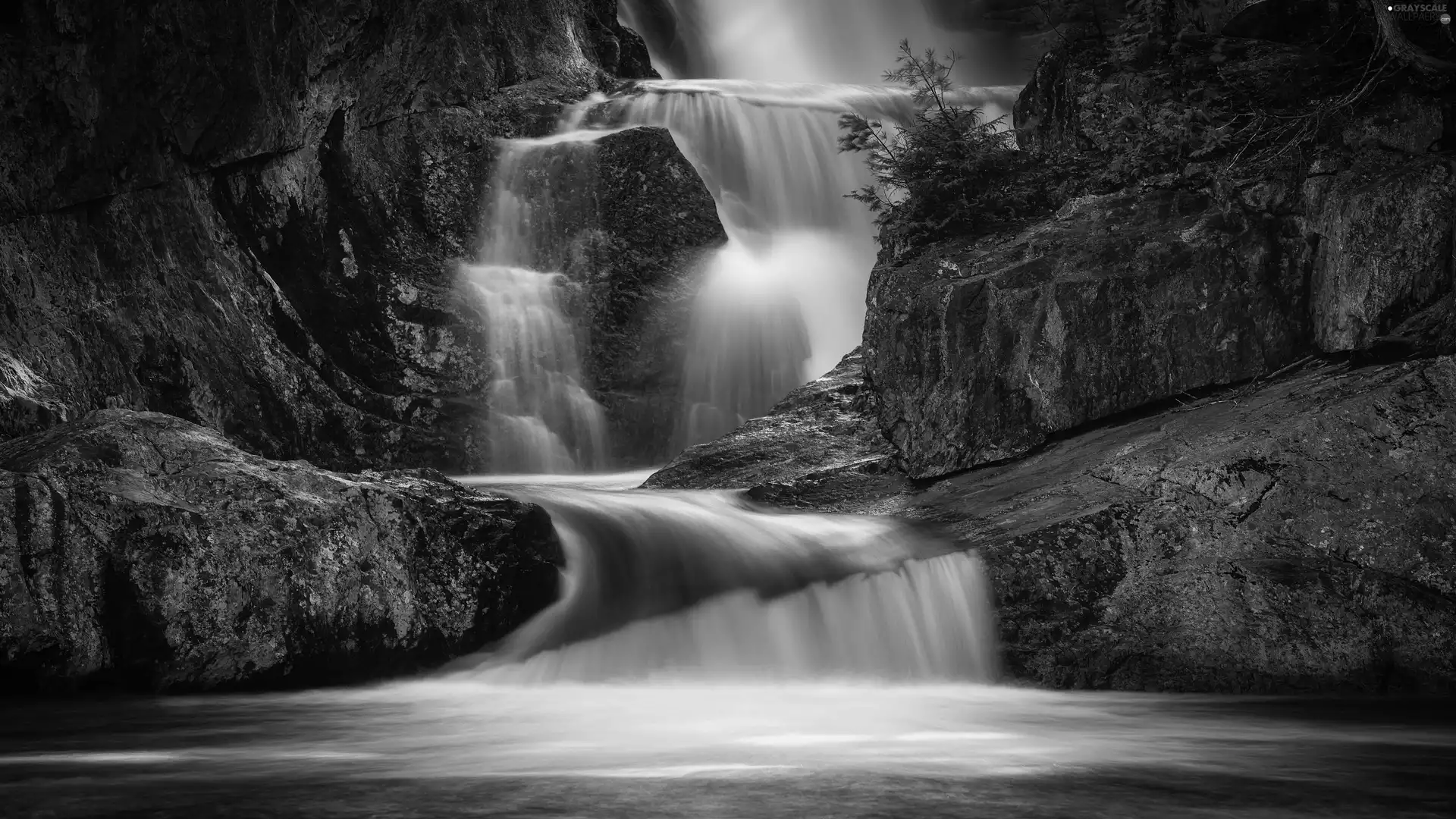 rocks, River, Plants, waterfall