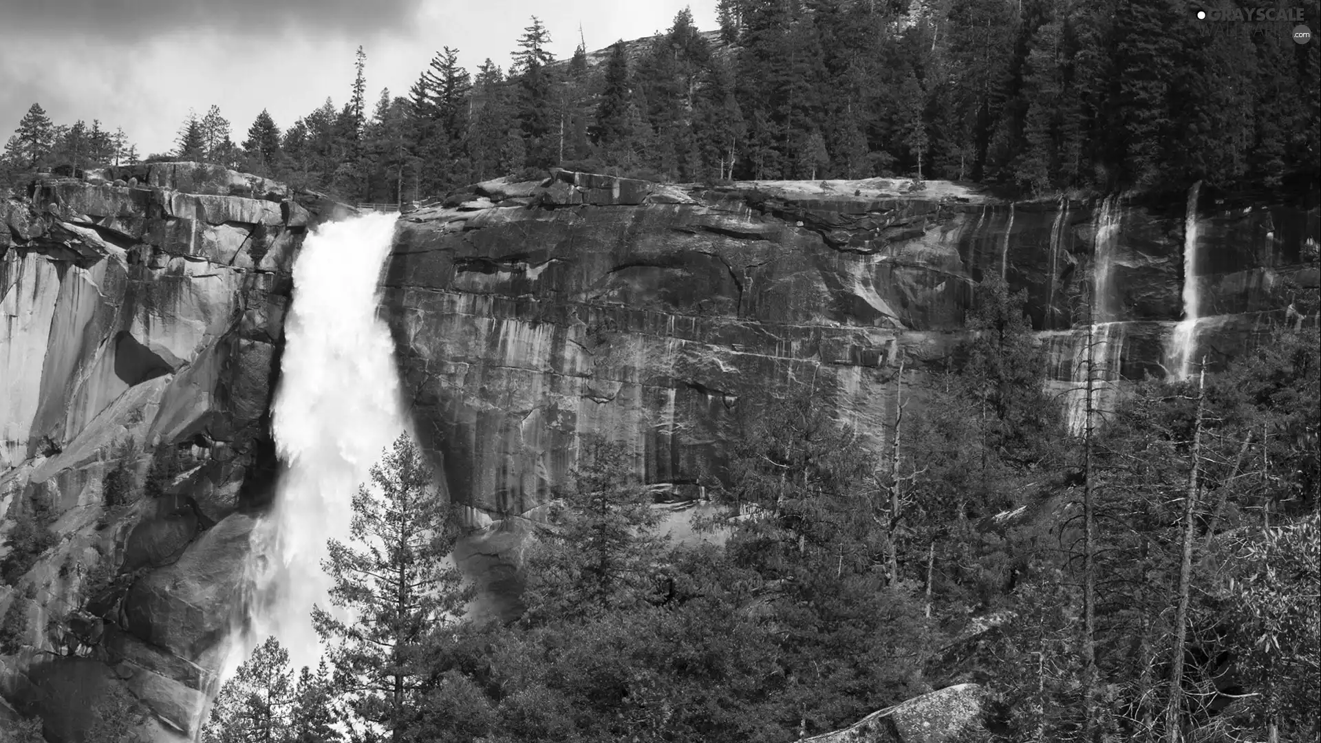 rocks, viewes, waterfall, trees