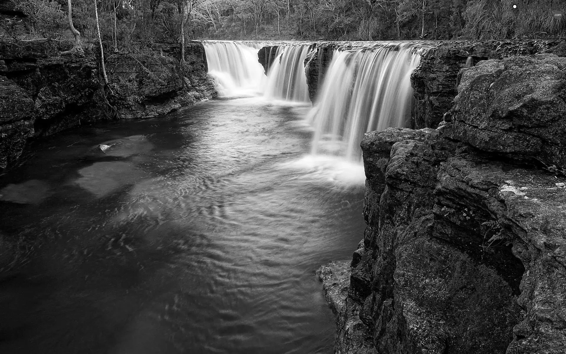 rocks, viewes, waterfall, trees