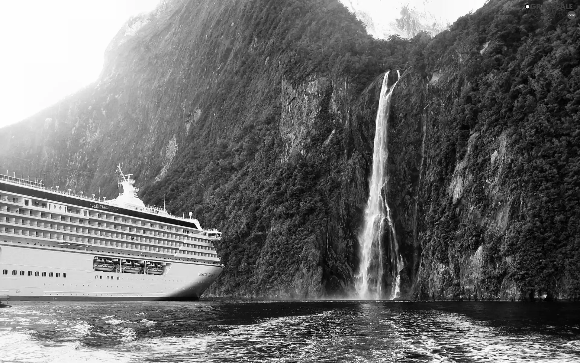 Ship, Mountains, waterfall, passenger