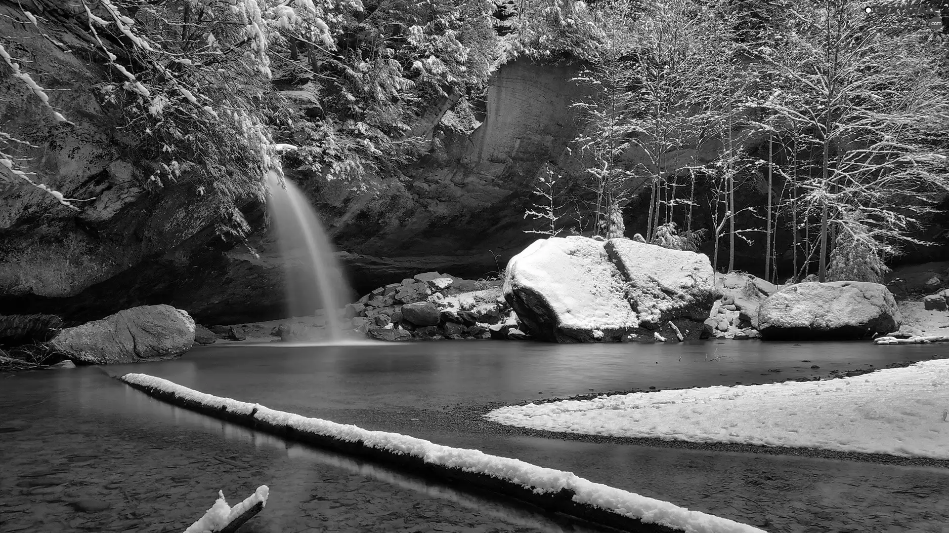 River, trees, rocks, viewes, winter, waterfall, Stones