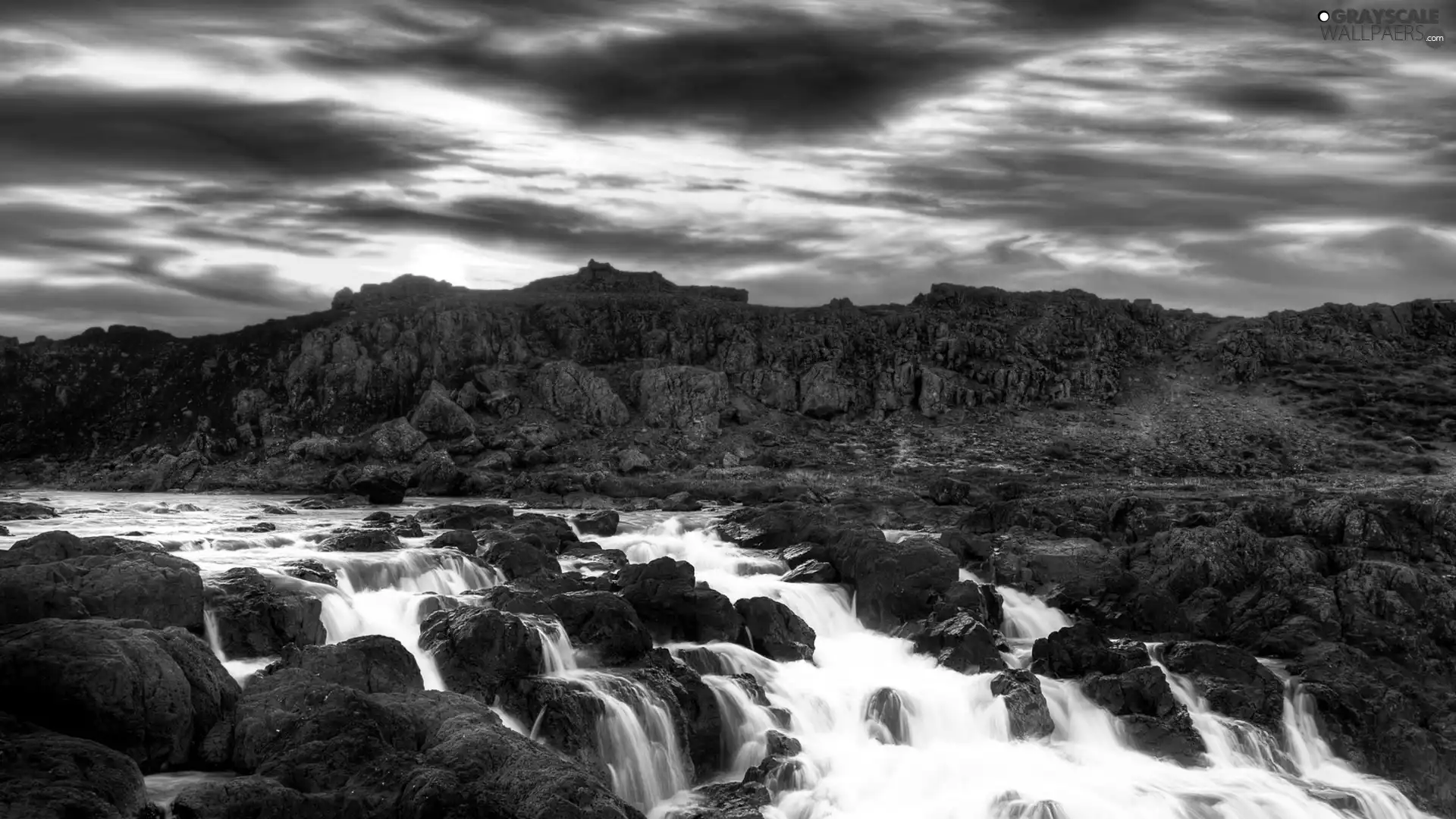 west, rocks, waterfall, sun