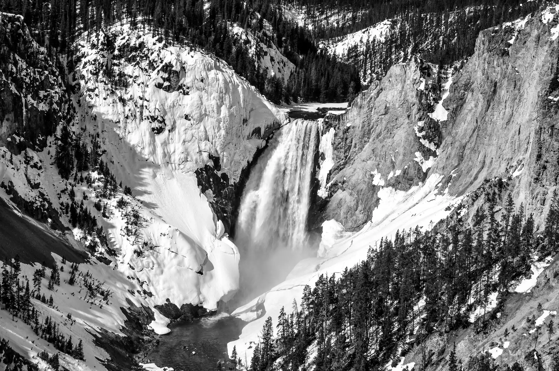 winter, rocks, waterfall, Mountains