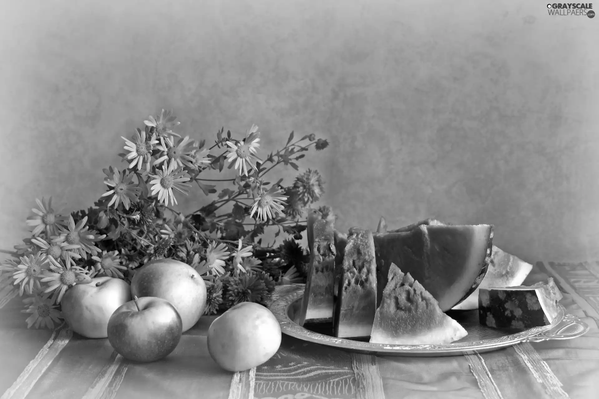 watermelon, plate, Aster, apples, Flowers