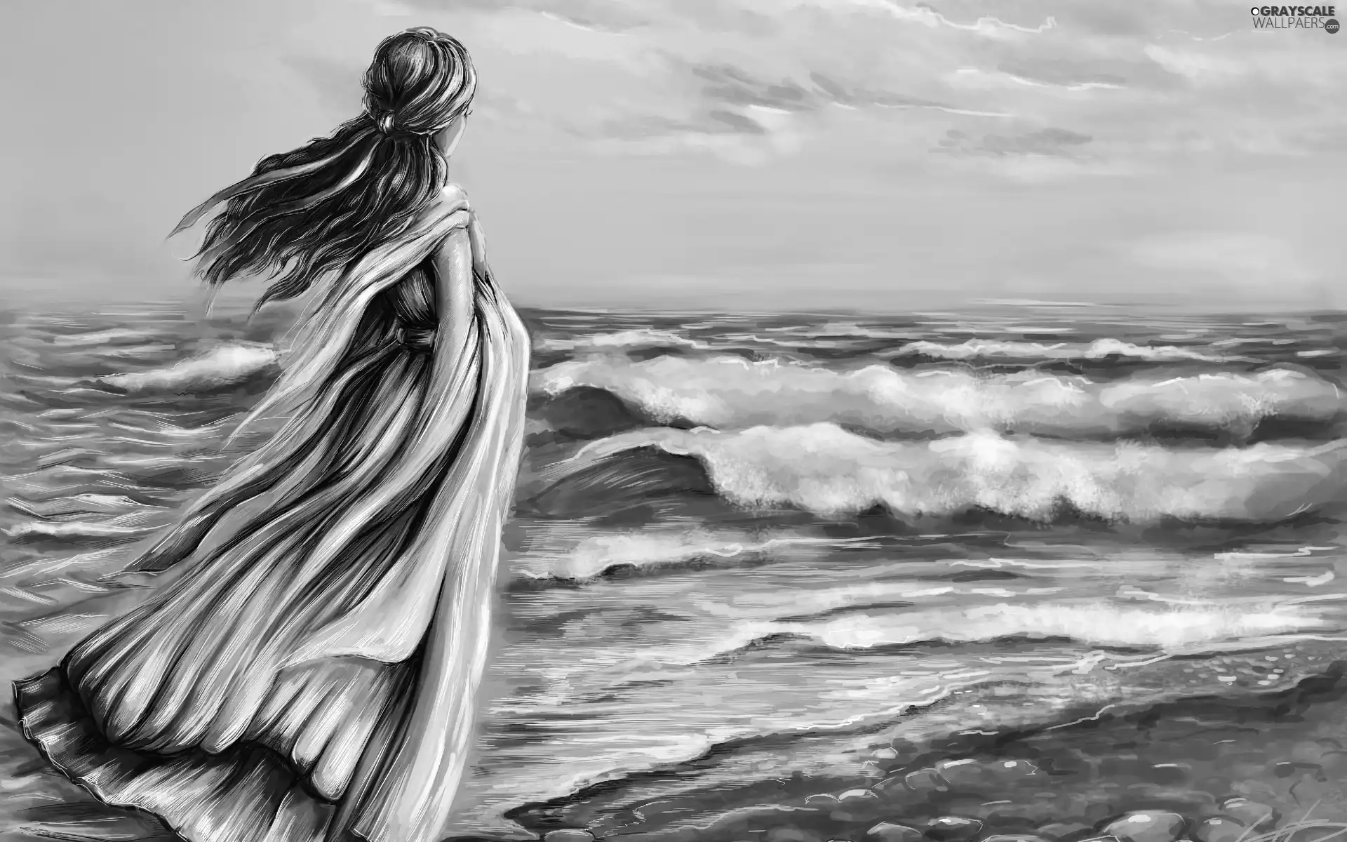 painting, sea, Waves, Women