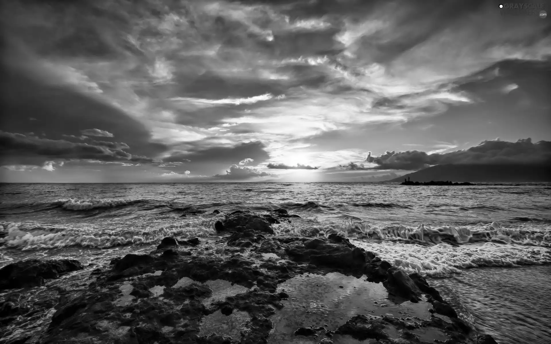 rocks, clouds, Waves, sea
