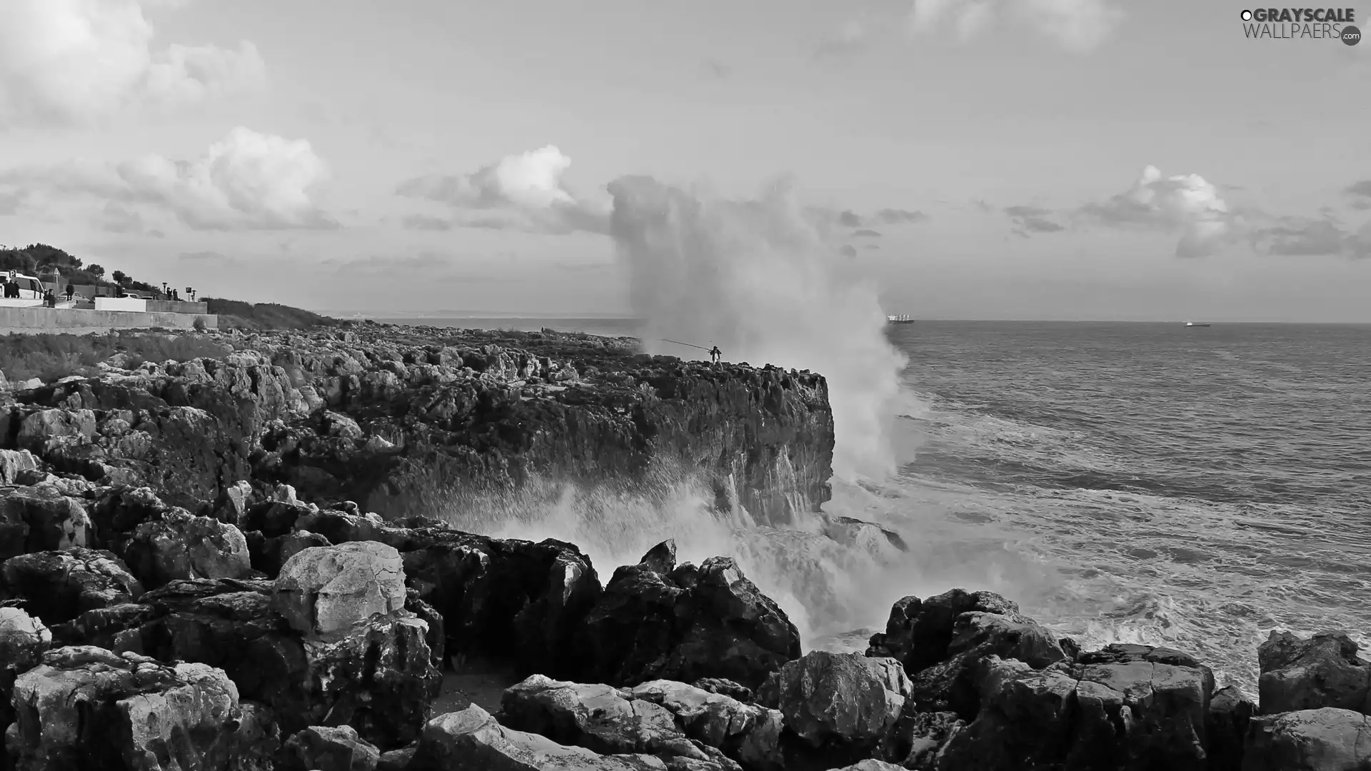 Waves, vessels, rocks, high, Coast