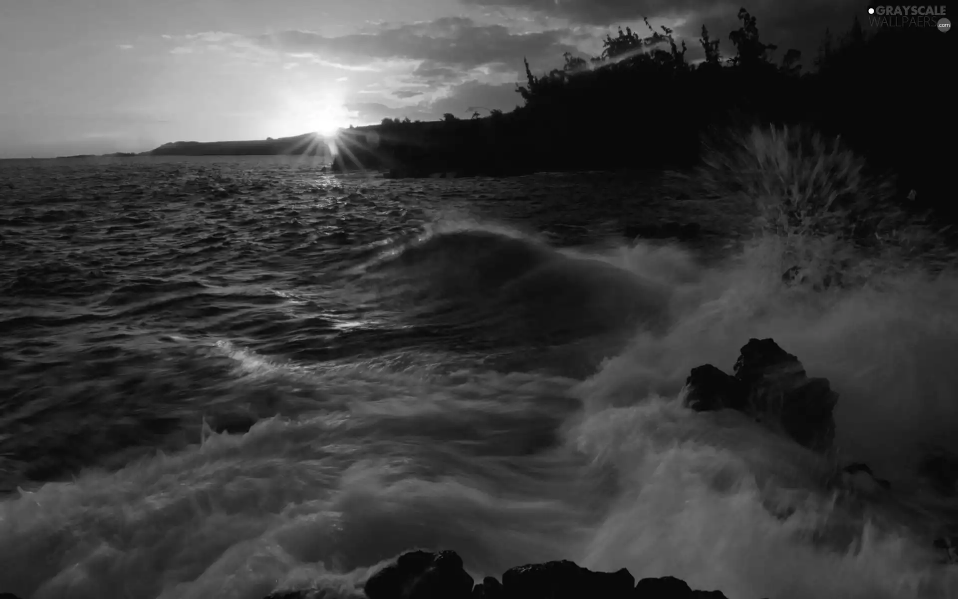 west, sea, Waves, sun