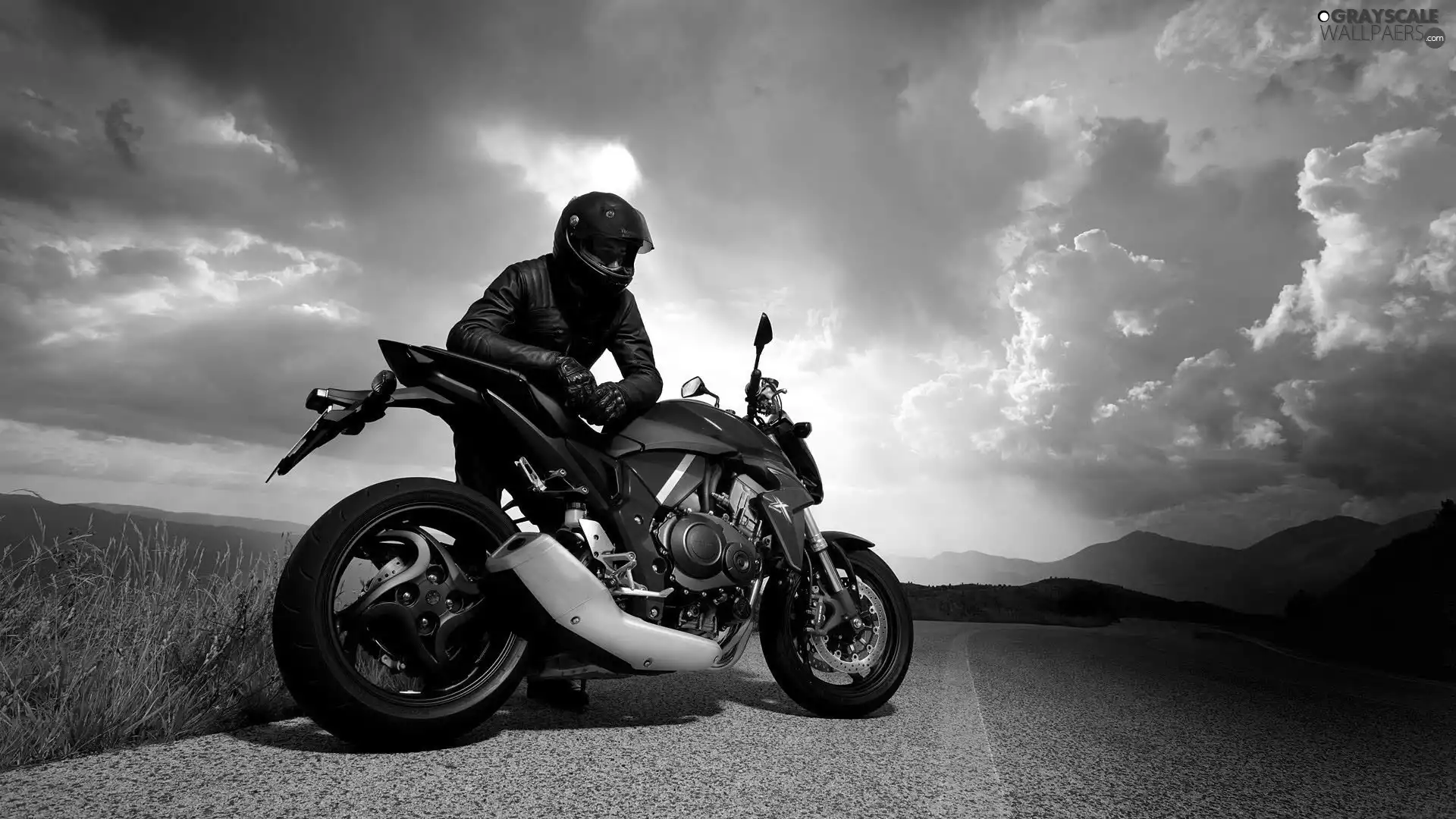 Way, clouds, Honda, CBR, Motorcyclist