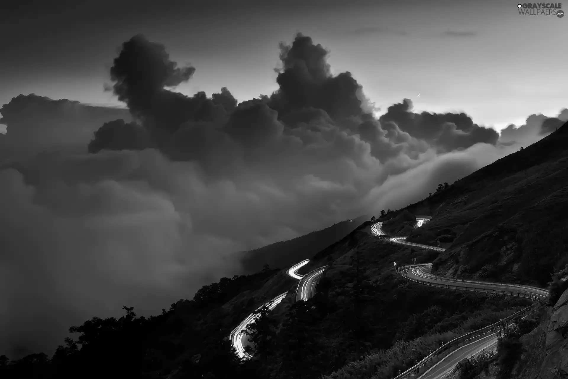 clouds, winding, Way, Mountains