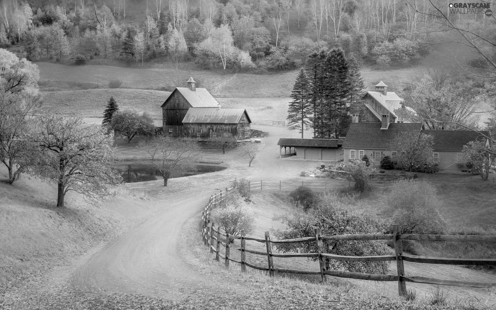 autumn, The United States, Pond - car, Houses, fence, country, viewes, New England, State of Vermont, trees, Way