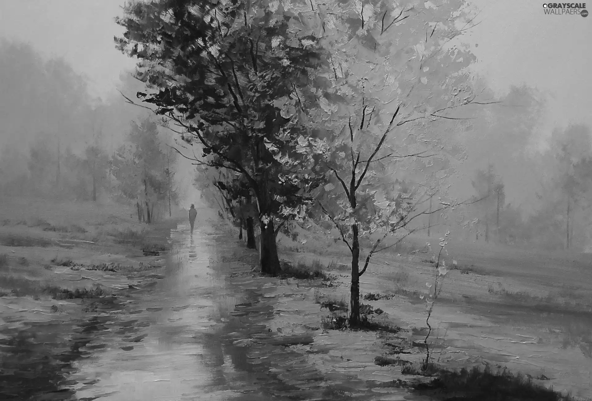 viewes, autumn, Way, Fog, Leaf, trees