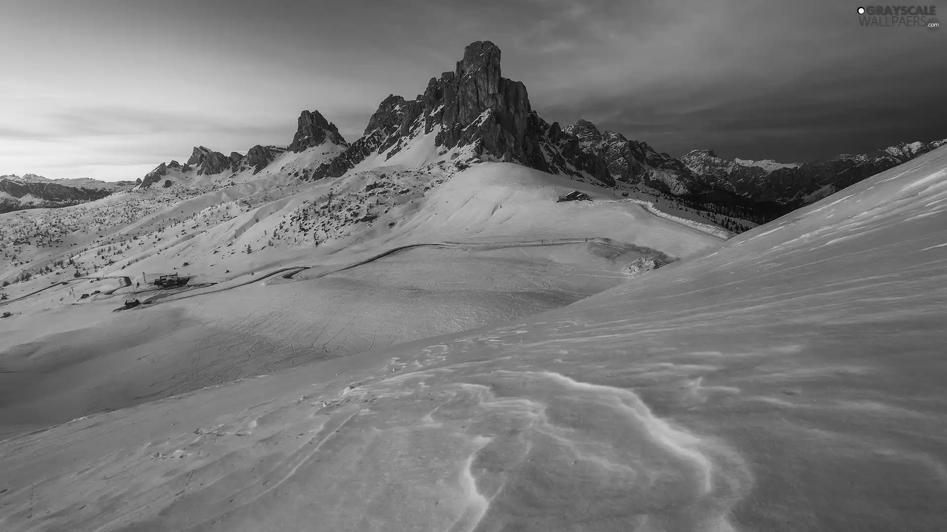 snow, Mountains, pass, Way, Passo di Giau, Italy, Dolomites, Great Sunsets, Houses, winter